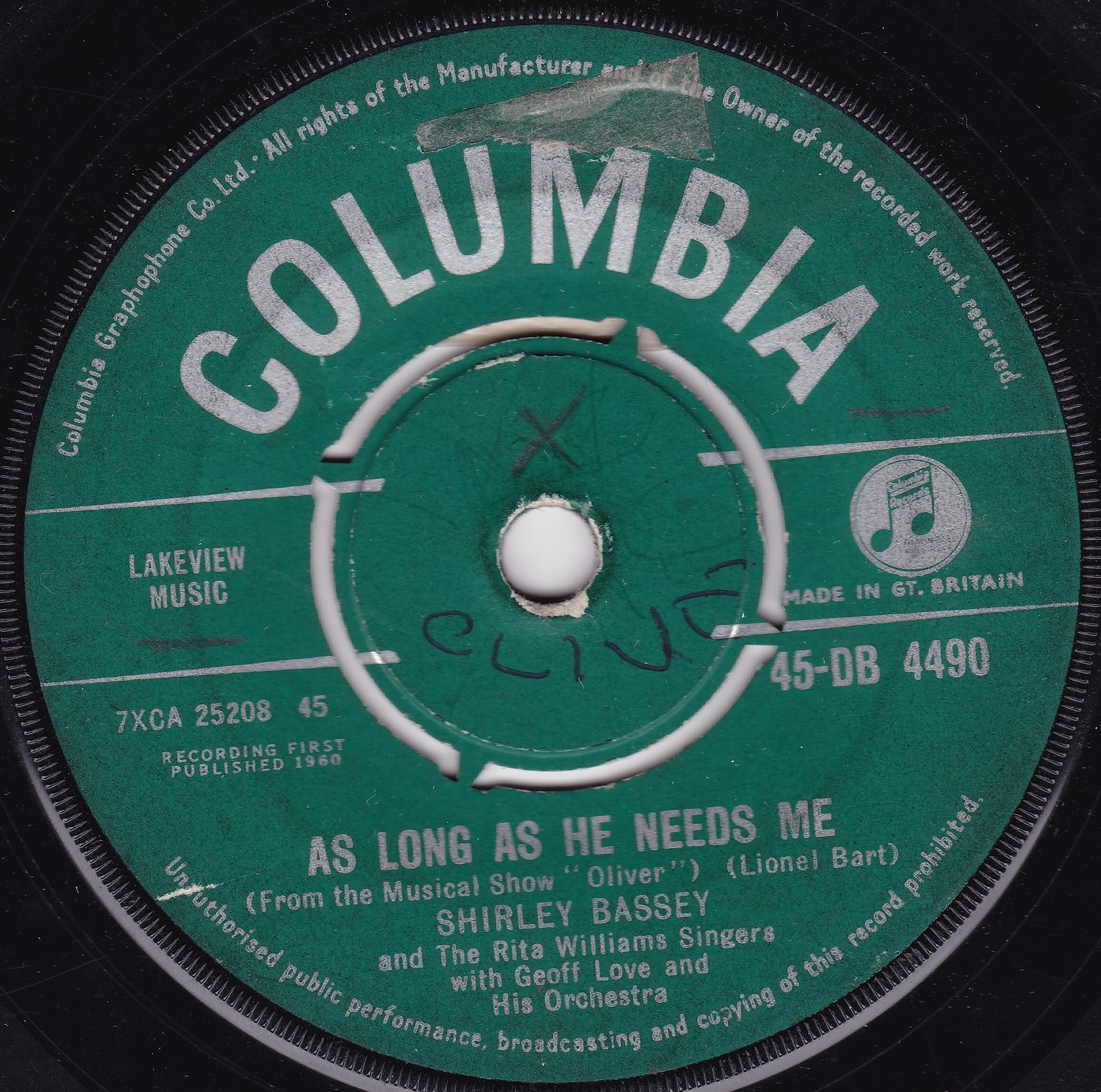 Shirley Bassey With The Rita Williams Singers And Geoff Love & His Orchestra – As Long As He Needs Me (Columbia 1960) 7" vinyl single VG/-