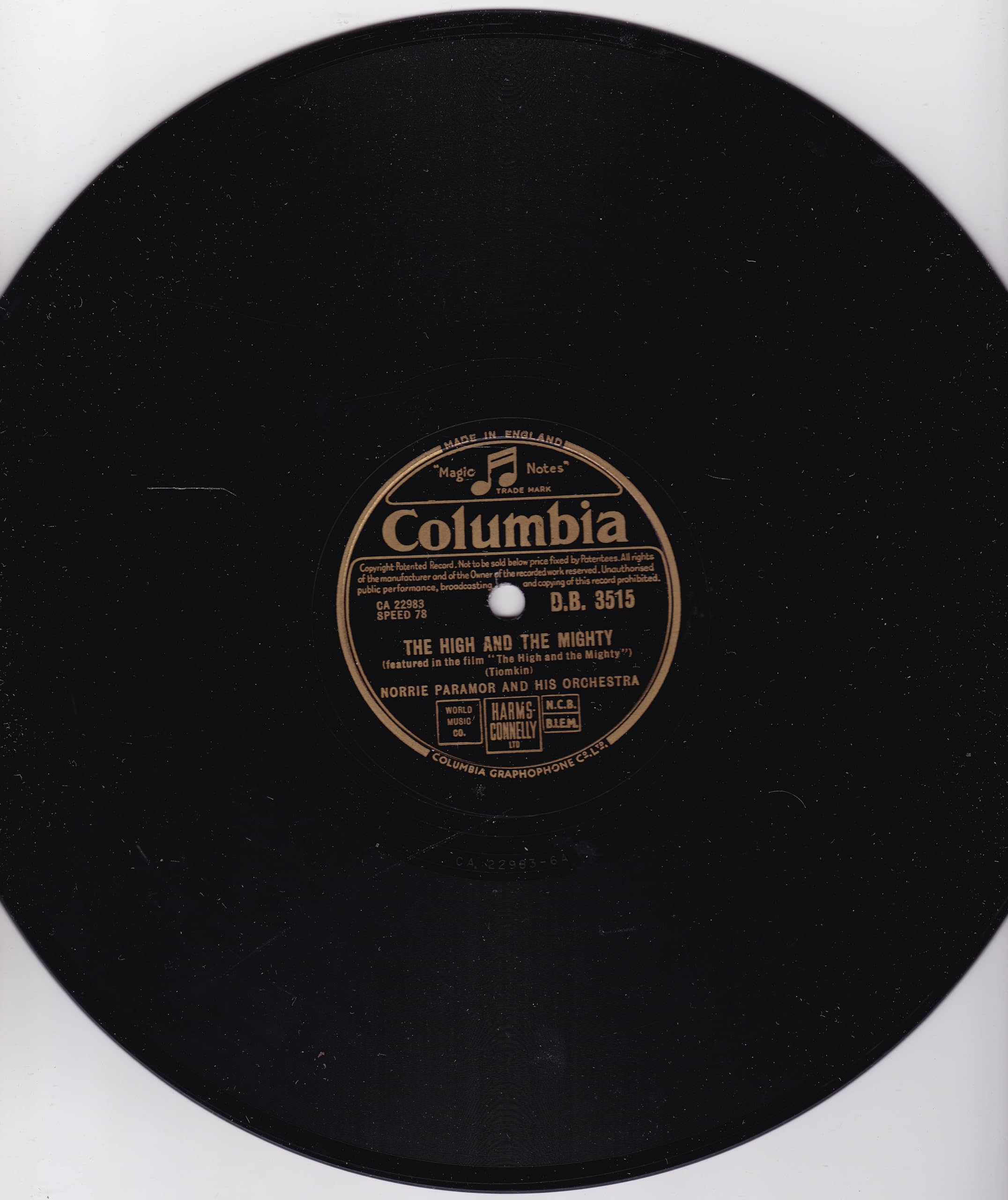 Norrie Paramor And His Orchestra ‎– The High And The Mighty (Columbia 1954) 10" 78 RPM shellac single VG/-
