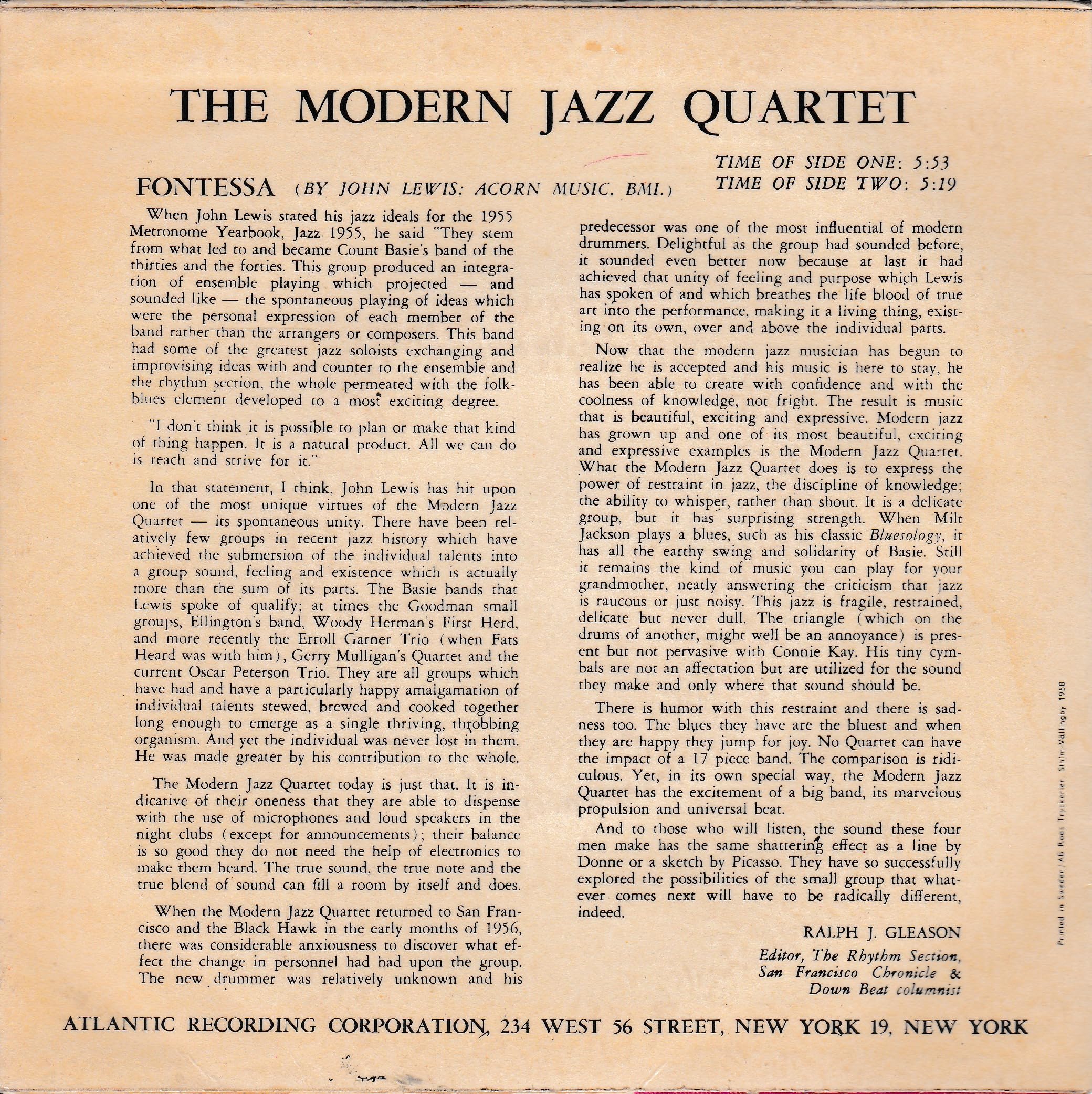 The Modern Jazz Quartet - Fontessa (Metronome 1958) 7" vinyl P/S EP VG/VG