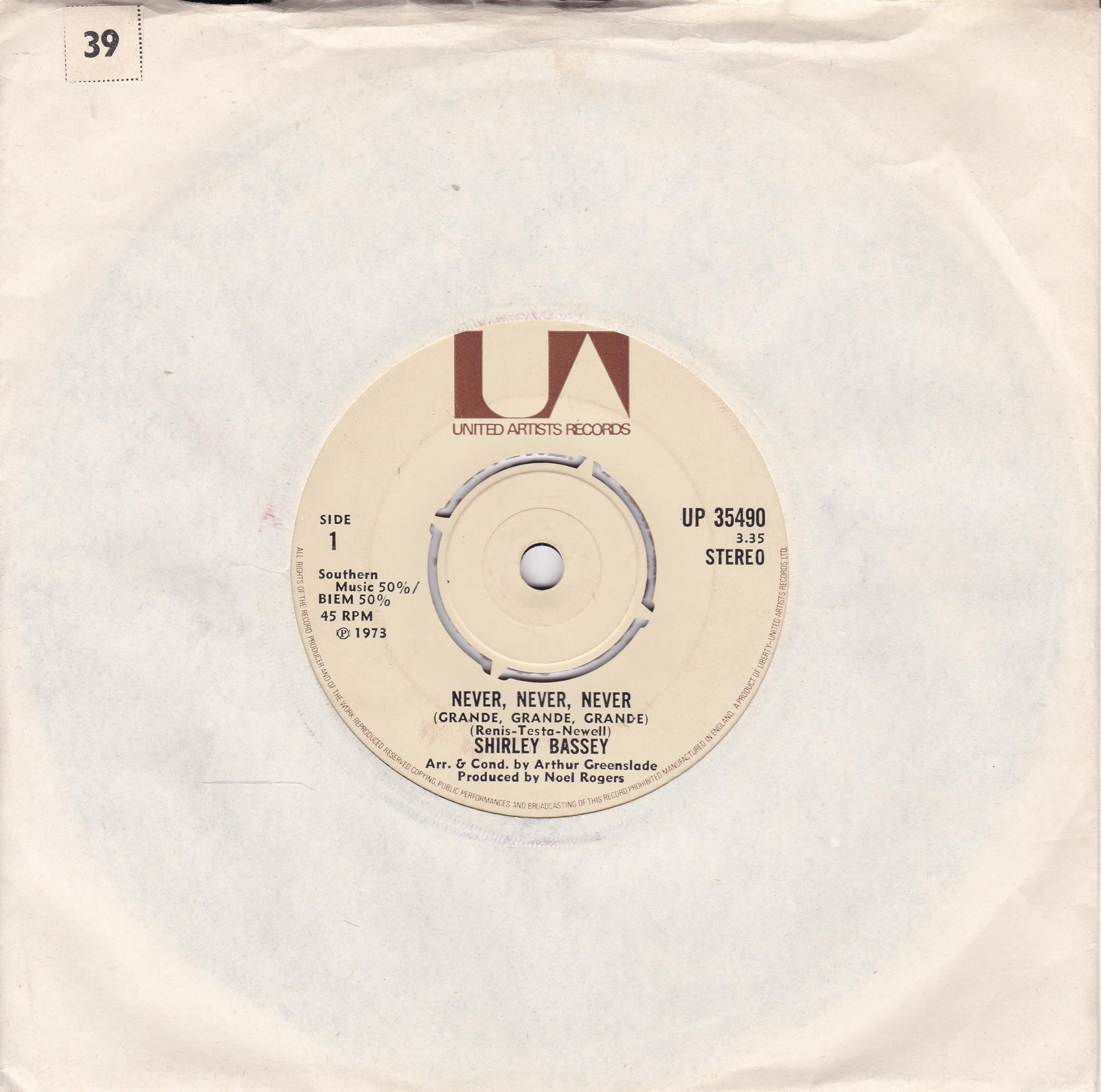 Shirley Bassey ‎– Never, Never, Never (Grande, Grande, Grande) (UA 1973) 7" vinyl single VG/-