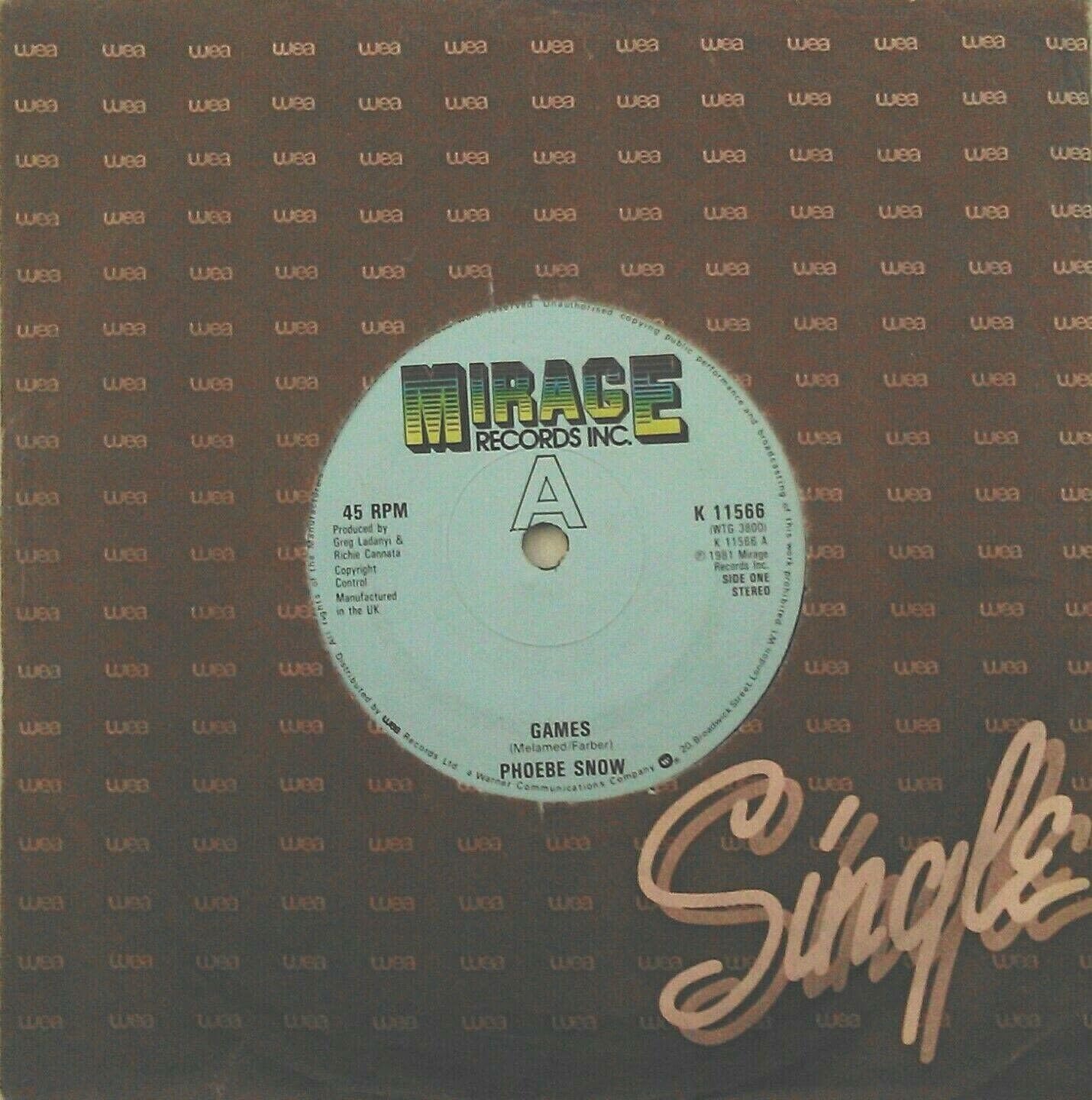 Phoebe Snow - Games (Mirage 1981) 7" vinyl single VG/-