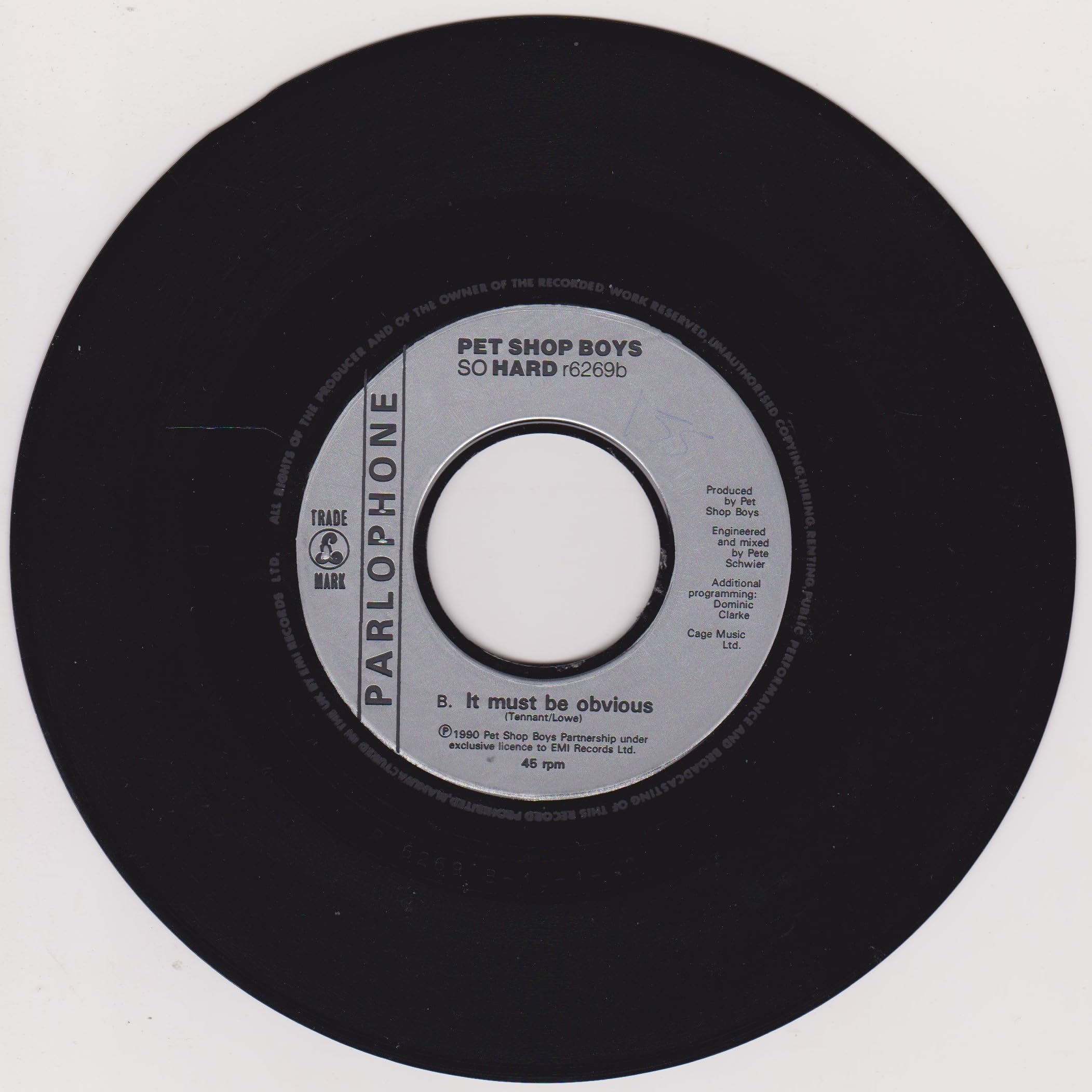 Pet Shop Boys – So Hard (Parlophone 1990) 7" vinyl single VG/- jukebox centre