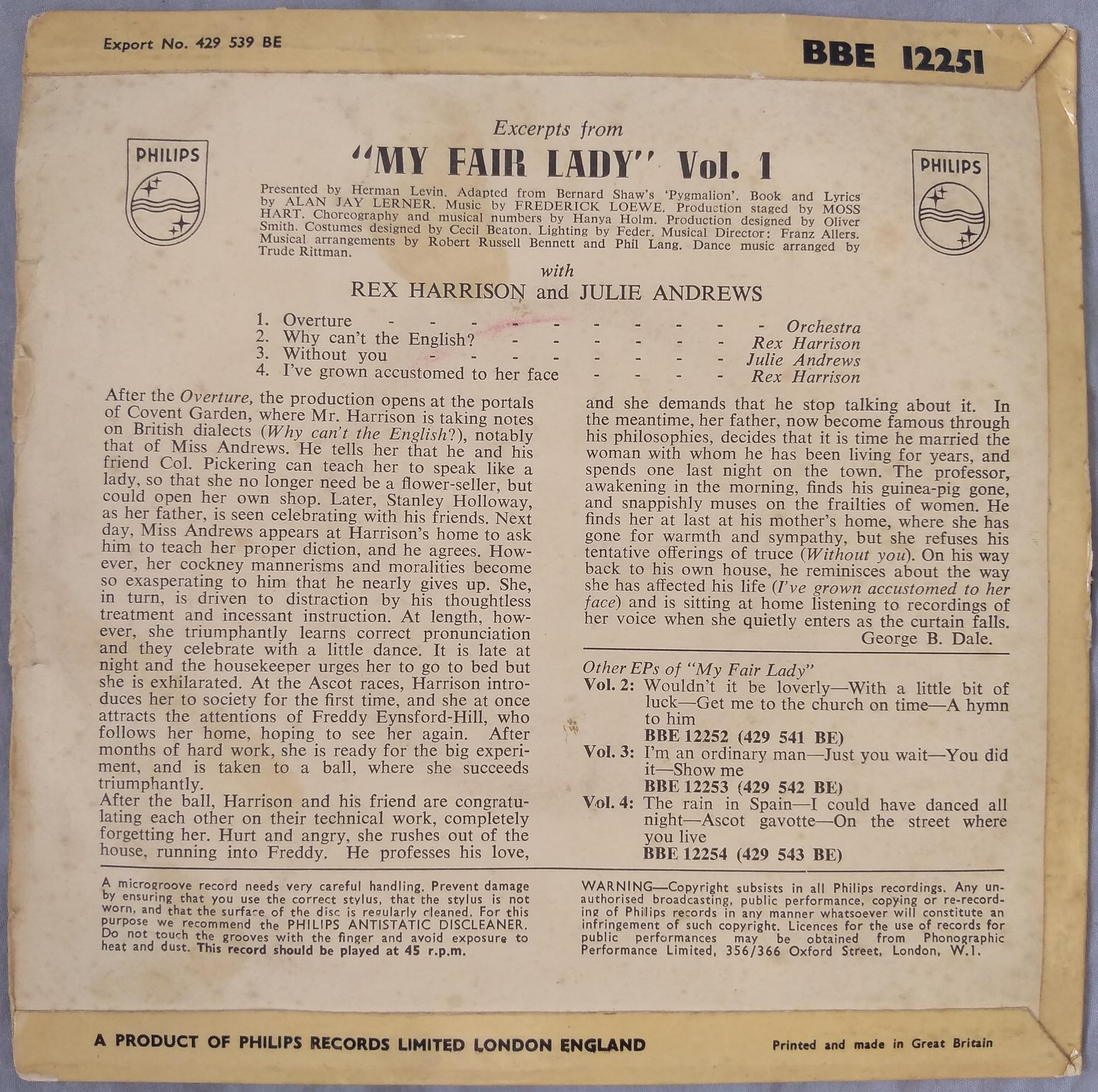 Rex Harrison and Julie Andrews - My Fair Lady Volume 1 (Philips) 7" vinyl EP VG/VG