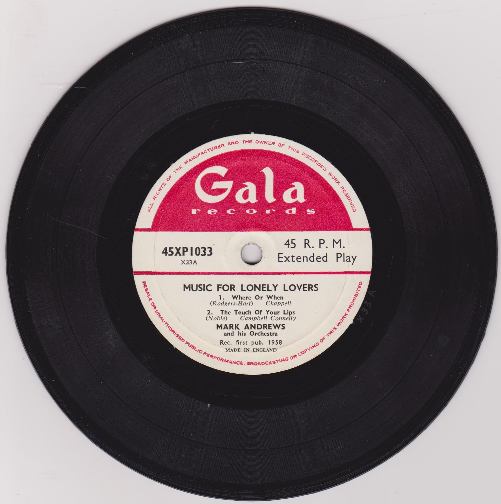 Mark Andrews & His Orchestra ‎– Music For Lonely Lovers (Gala 1958) 7" vinyl EP VG/VG