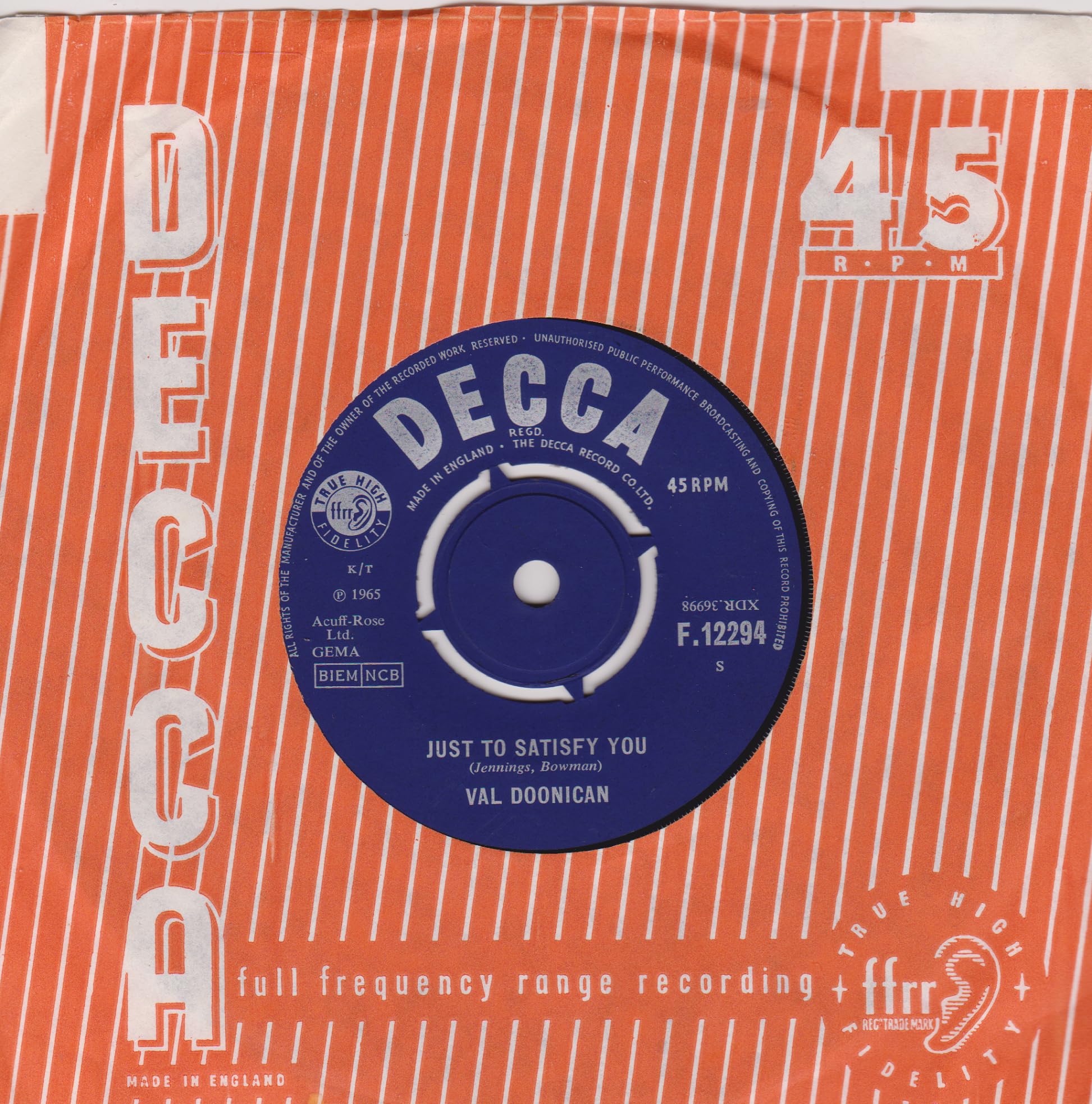 Val Doonican - Just To Satisfy You (Decca 1965) 7" vinyl single VG/VG
