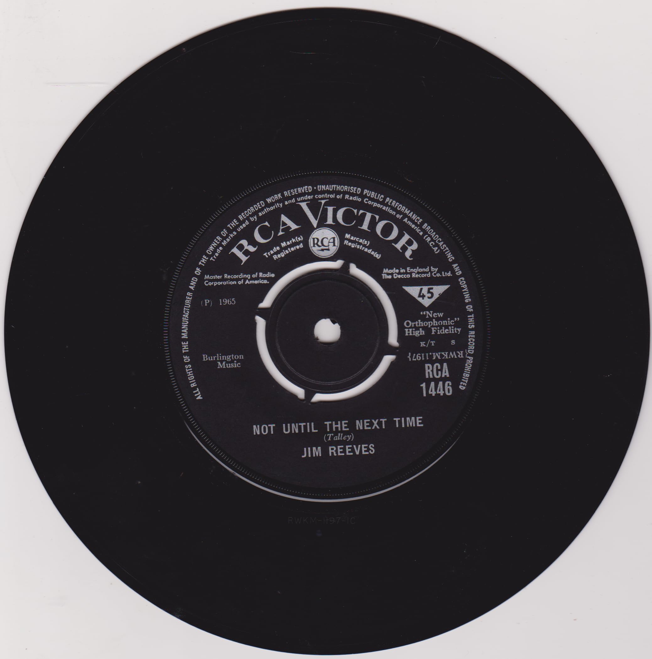 Jim Reeves – Not Until The Next Time (RCA Victor 1965) 7" vinyl single VG/VG