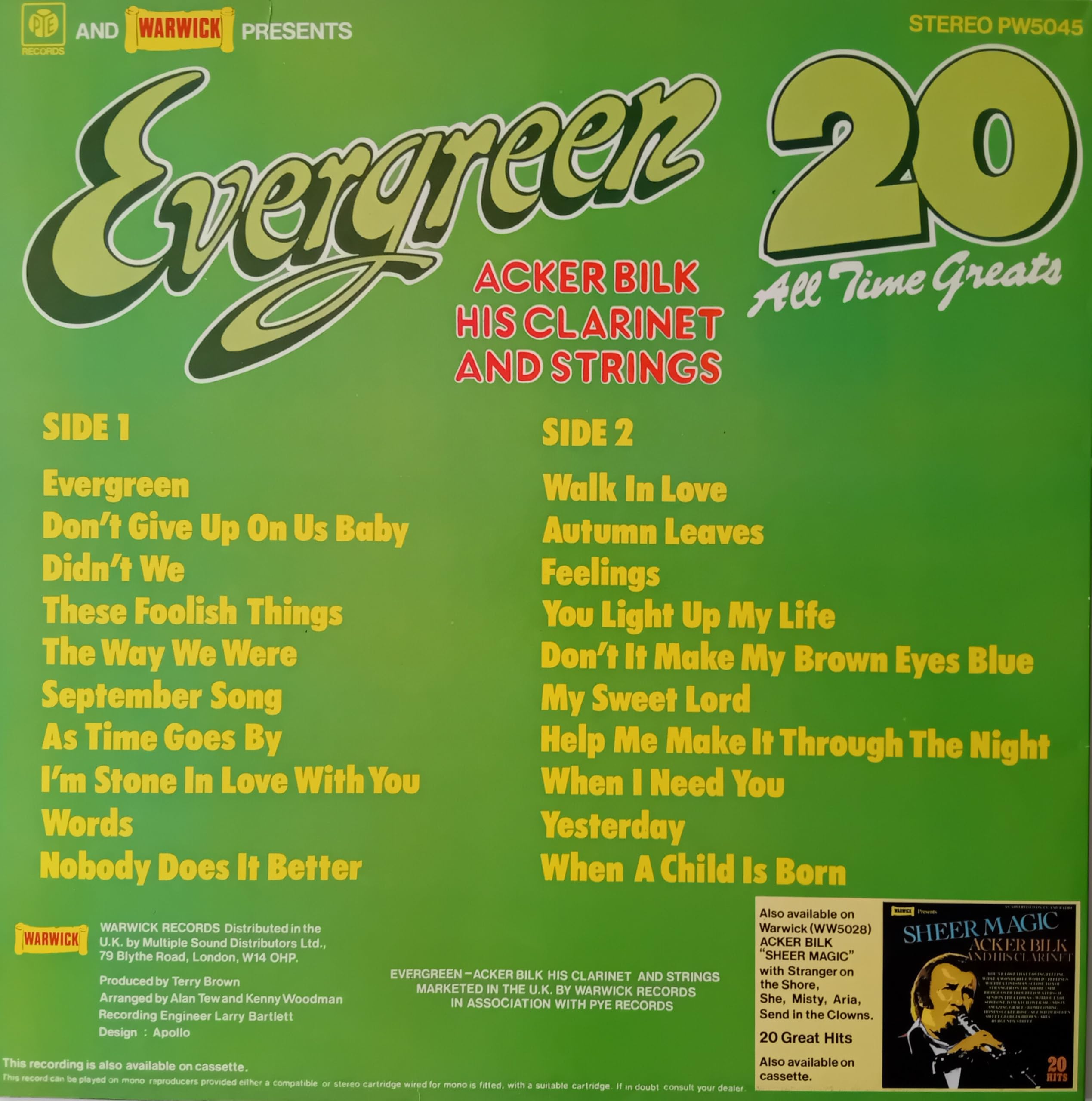 Acker Bilk His Clarinet And Strings ‎– Evergreen (20 All Time Greats) (Pye 1978) 12" vinyl LP VG/VG