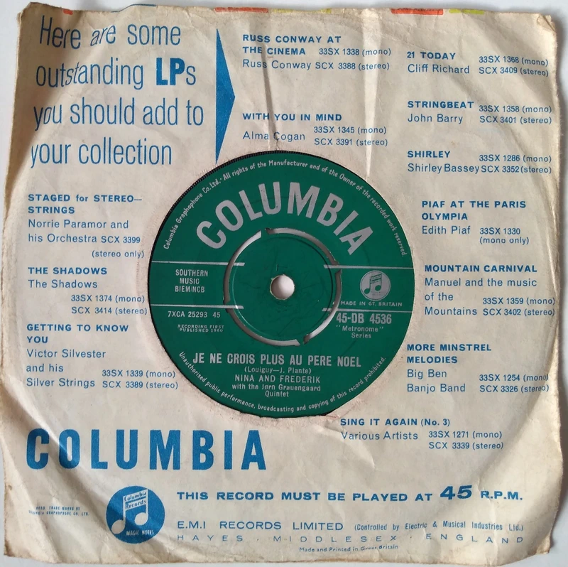 Nina And Frederik With The Jørn Grauengaard Quintet ‎– Little Donkey (Columbia 1960) 7" vinyl single VG/G+