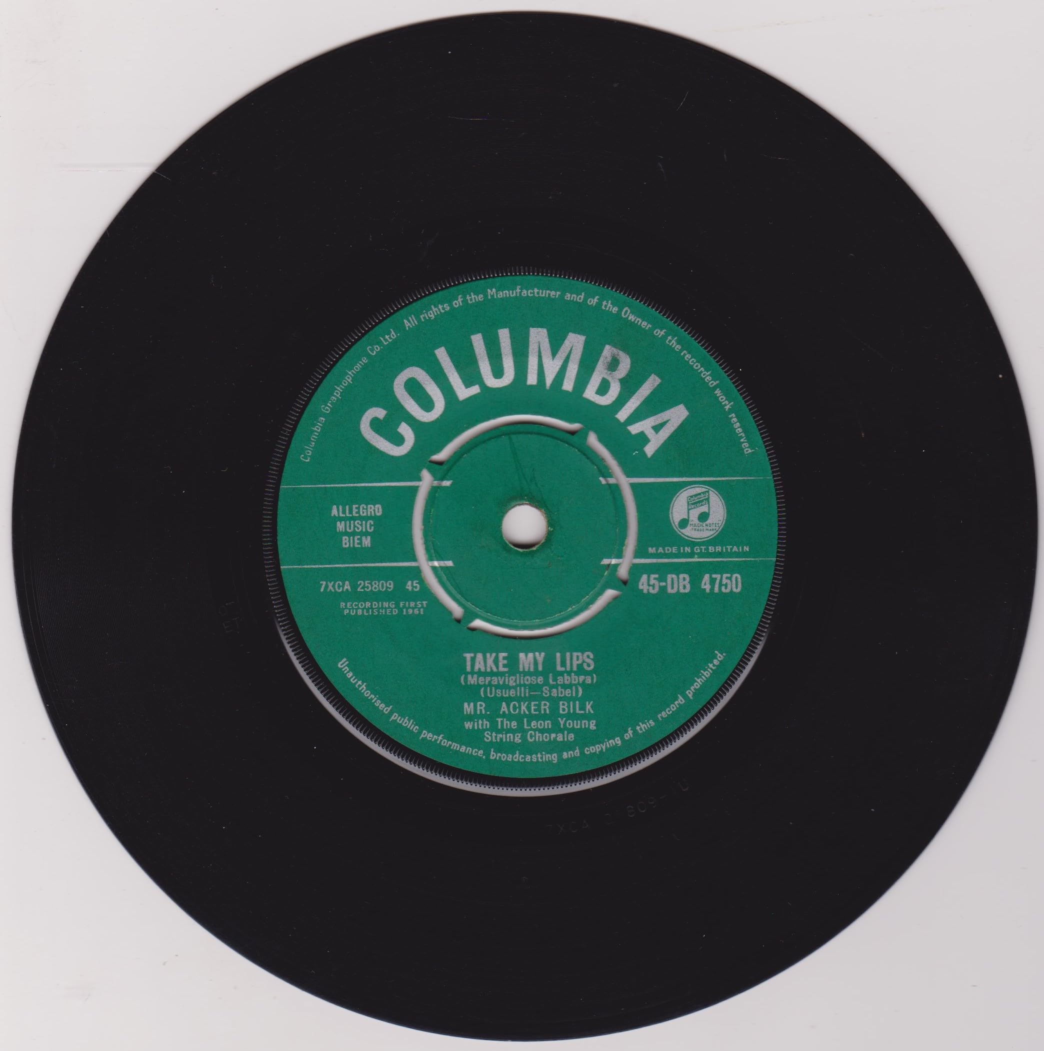 Mr. Acker Bilk With The Leon Young String Chorale ‎– Stranger On The Shore (Columbia 1961) 7" vinyl single VG/VG