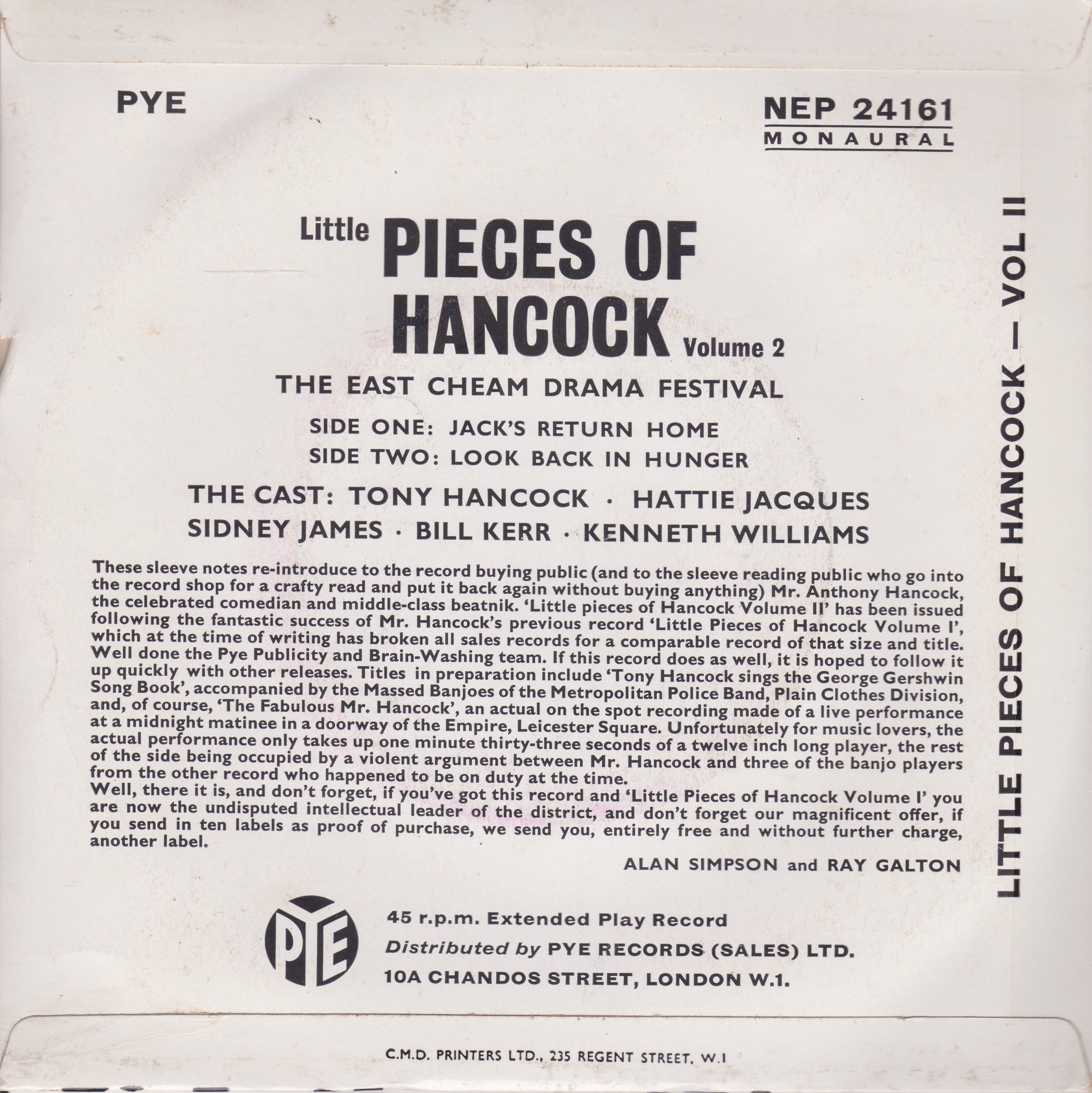 Tony Hancock ‎– Little Pieces Of Hancock Volume 2 (Pye 1960) 7" vinyl P/S EP VG/VG