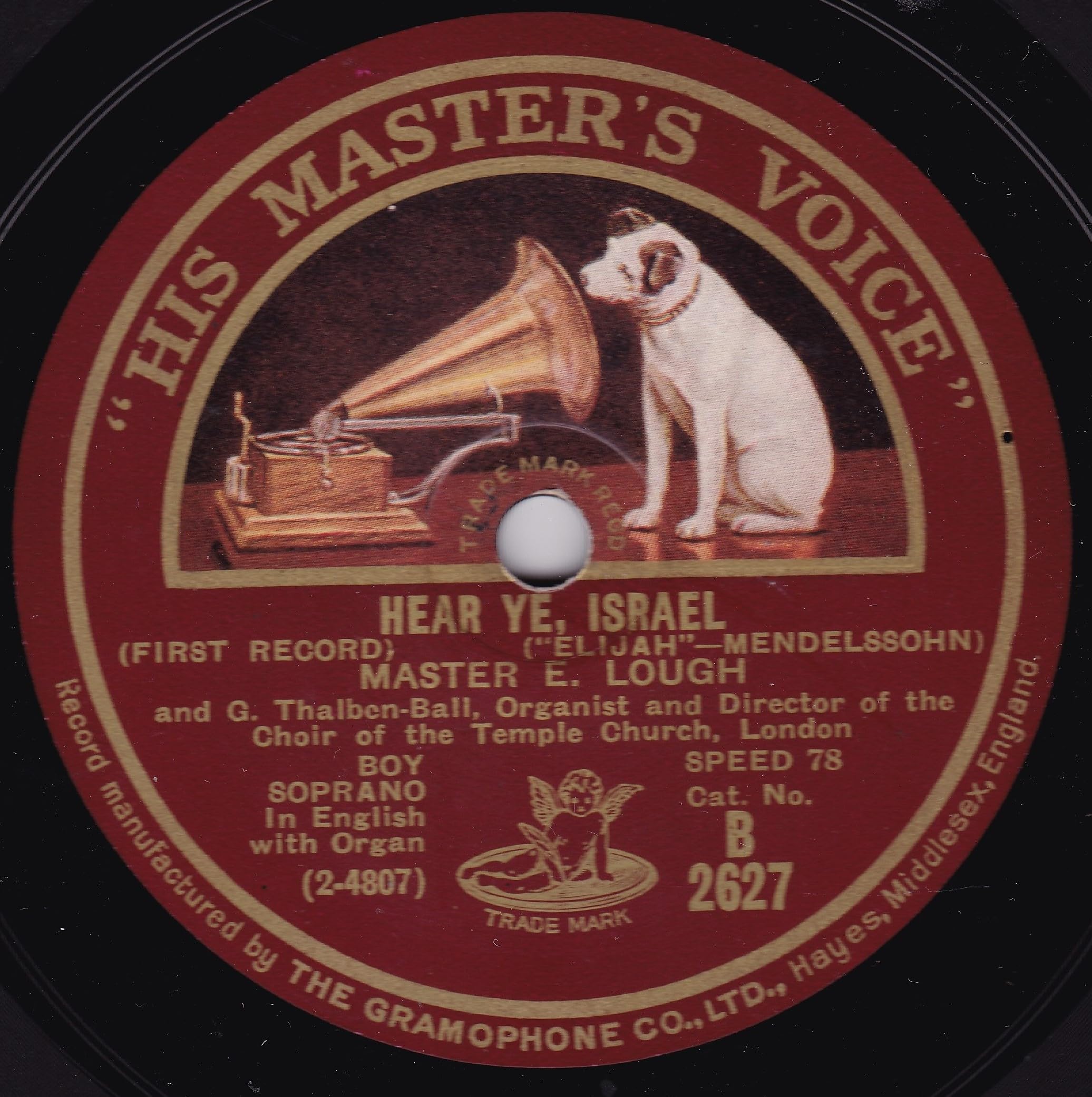 Master E. Lough And G. Thalben-Ball – Hear Ye, Israel (HMV 1928) 10" 78RPM shellac single VG/G+