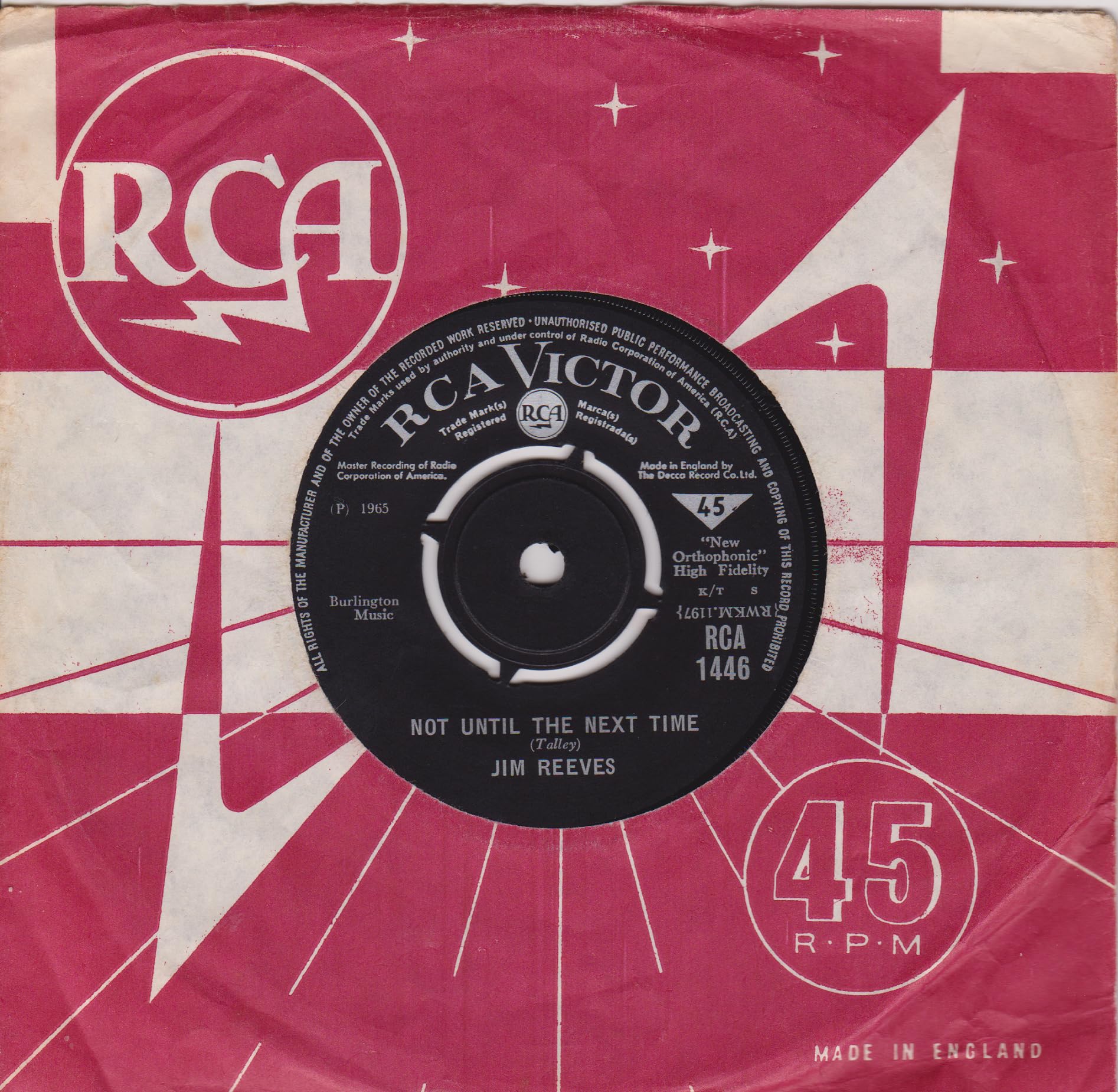 Jim Reeves – Not Until The Next Time (RCA Victor 1965) 7" vinyl single VG/VG