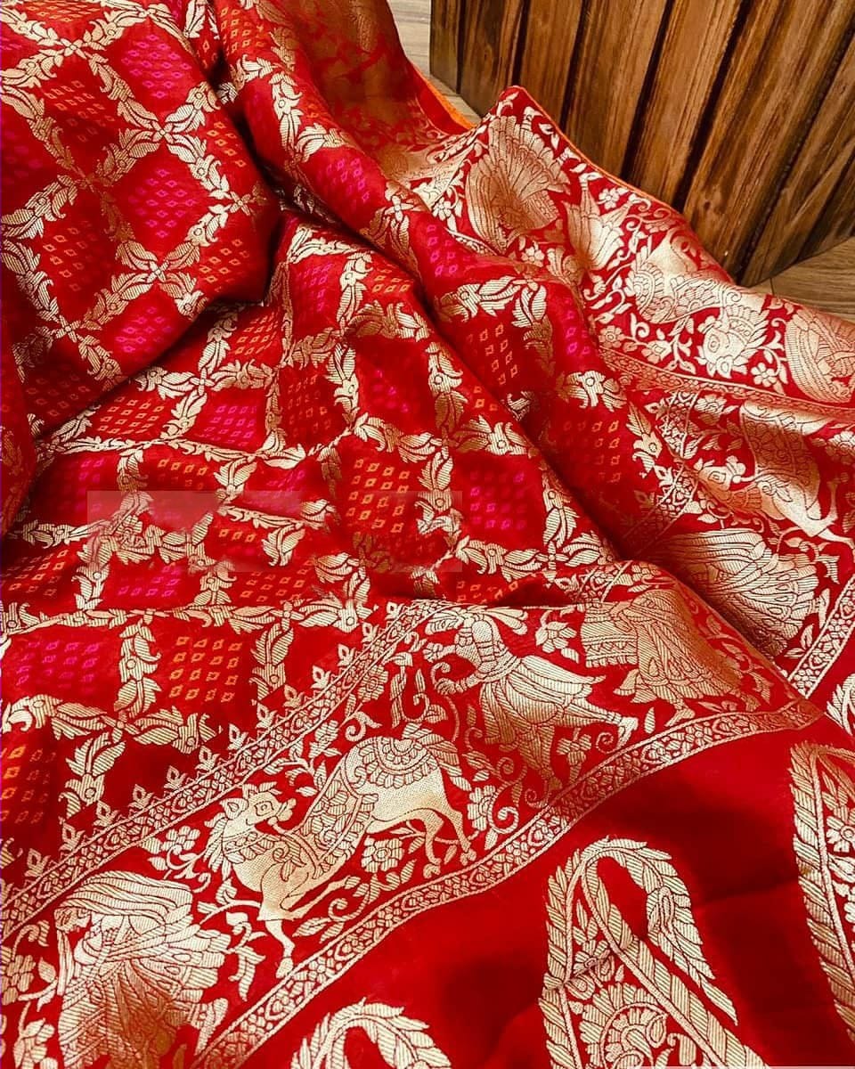Manzar Linen Flower Designer Red & Gold Linen Cotton Saree