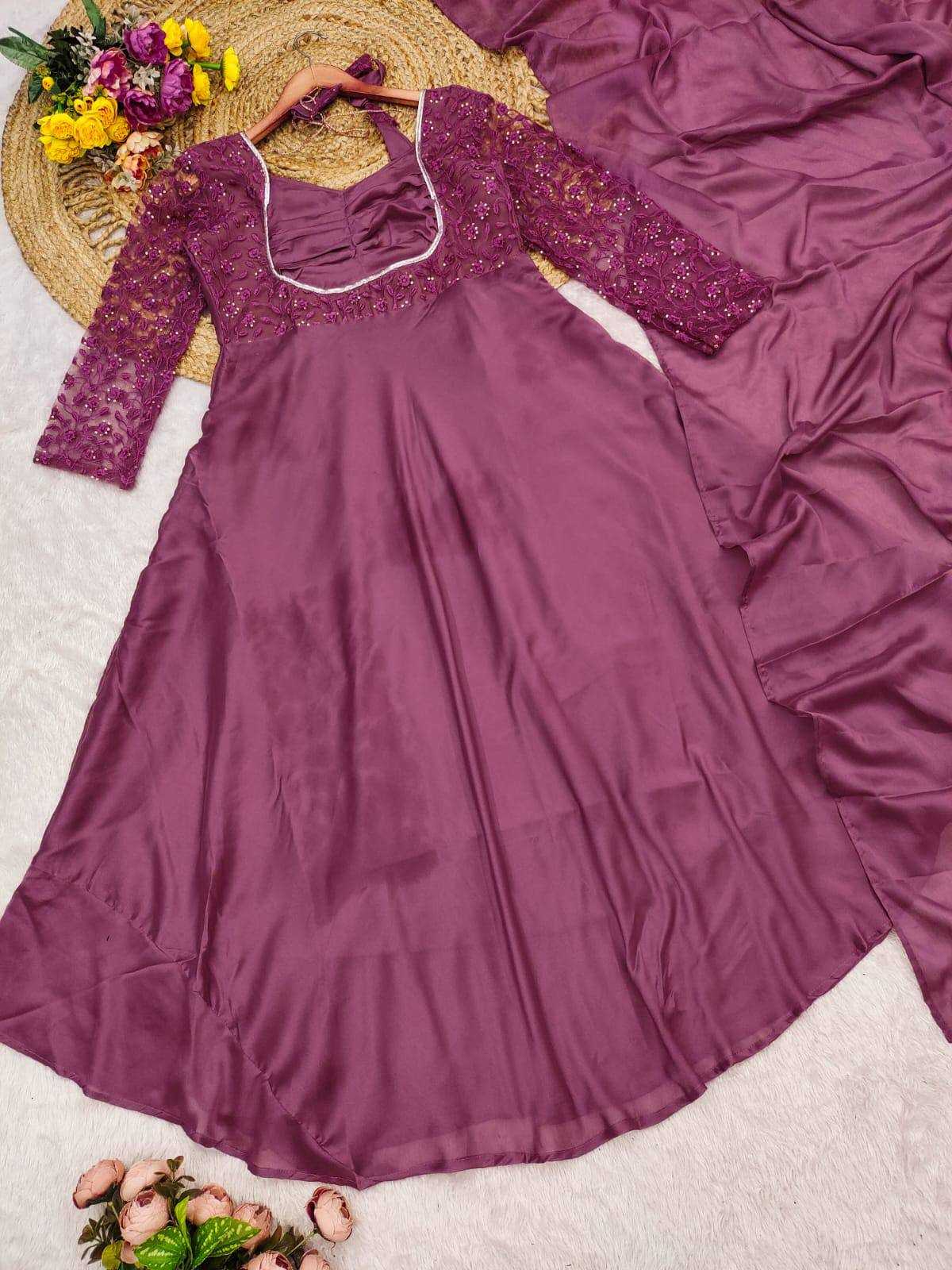 Festive Embroidery Satin Gown – Premium Party Wear Anarkali