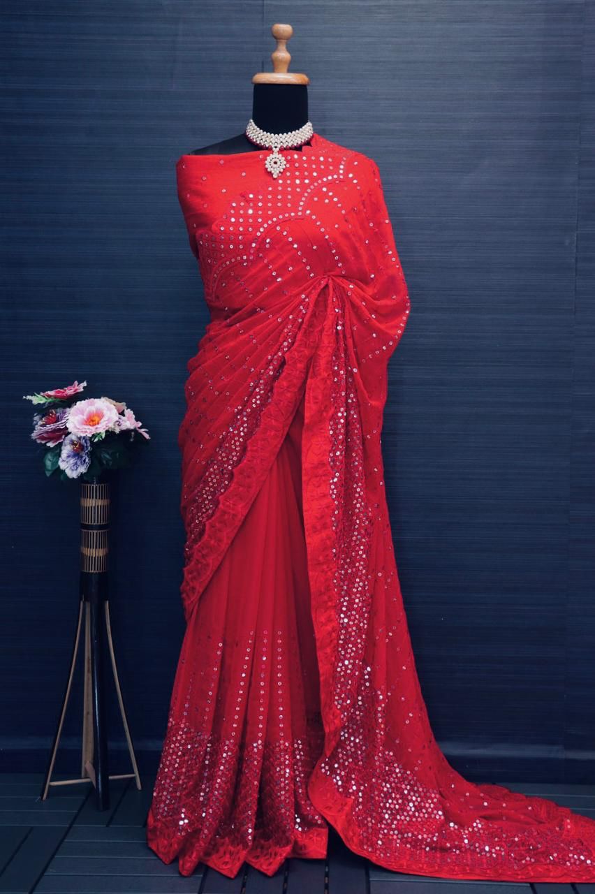 Fancy Red Heavy Sequin & Thread Embroidered Saree with Lace Border – Soft Georgette Fabric