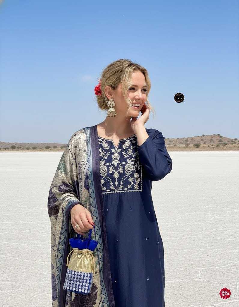 Viscose Chanderi Designer Embroidered Kurti Set