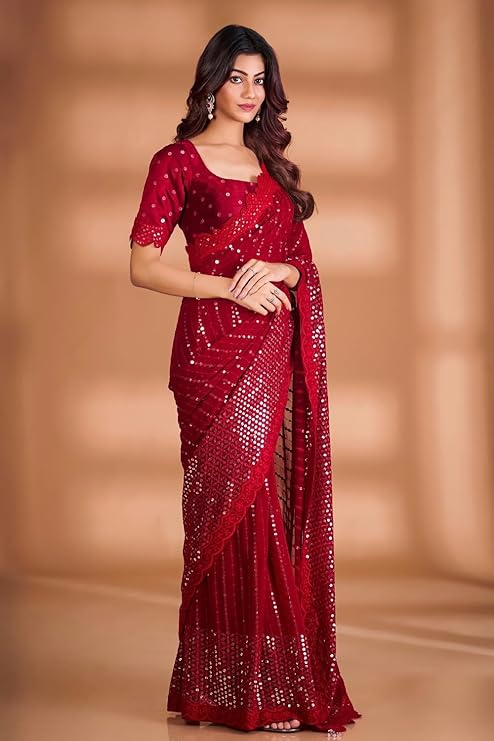 Fancy Red Heavy Sequin & Thread Embroidered Saree with Lace Border – Soft Georgette Fabric