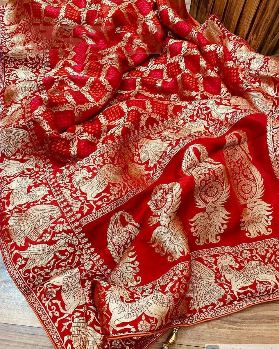 Manzar Linen Flower Designer Red & Gold Linen Cotton Saree