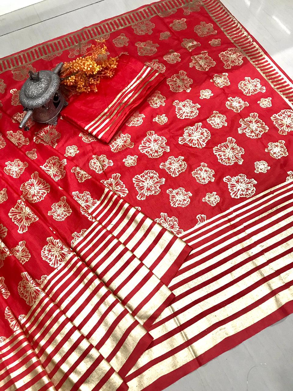 Thankar KT-148 Designer Red & Gold Dola Silk Saree with Zari Weaving