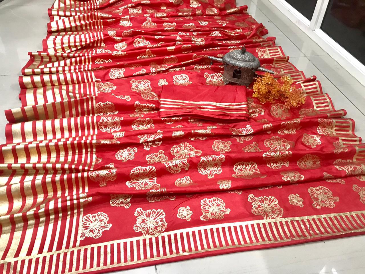 Thankar KT-148 Designer Red & Gold Dola Silk Saree with Zari Weaving