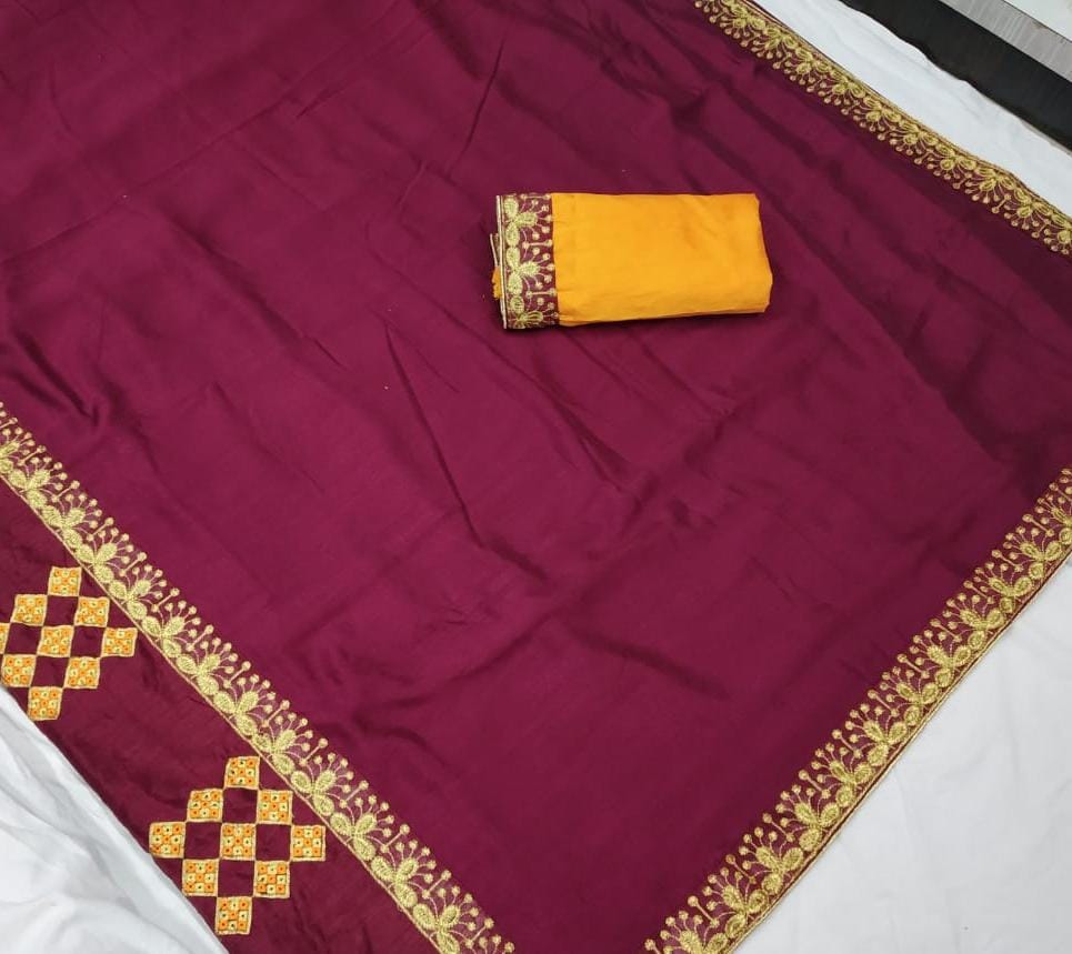 Vichitra Silk Saree with Heavy Embroidery Work & Bangalori Silk Blouse