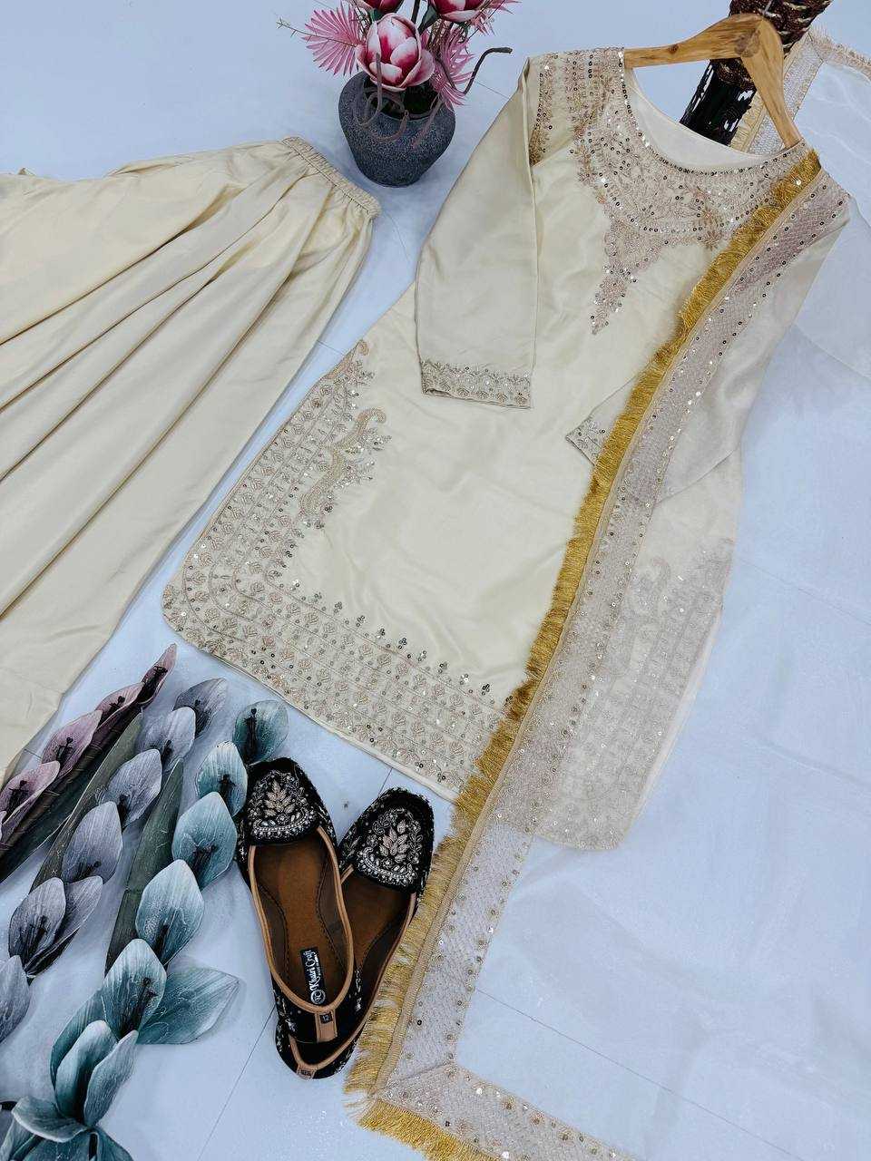 Franch Crape Embroidery Sequence Work Plazo Suit