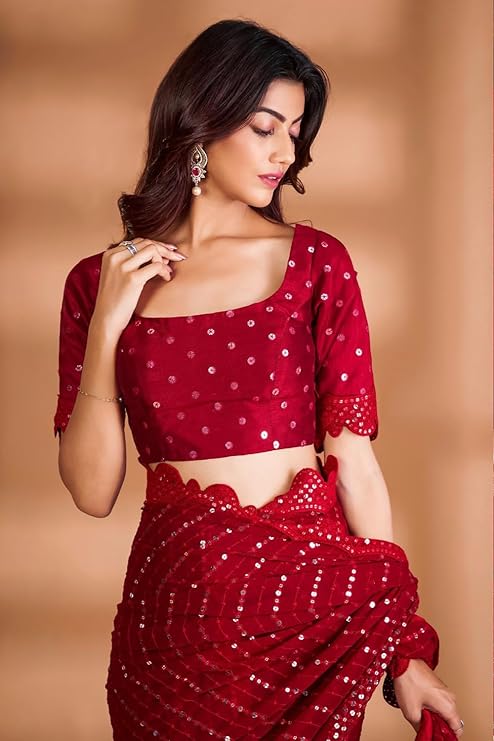 Fancy Red Heavy Sequin & Thread Embroidered Saree with Lace Border – Soft Georgette Fabric
