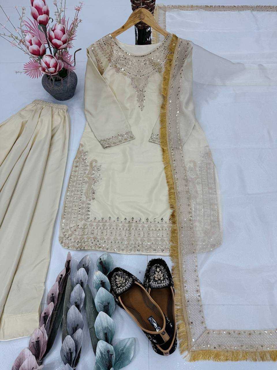 Franch Crape Embroidery Sequence Work Plazo Suit