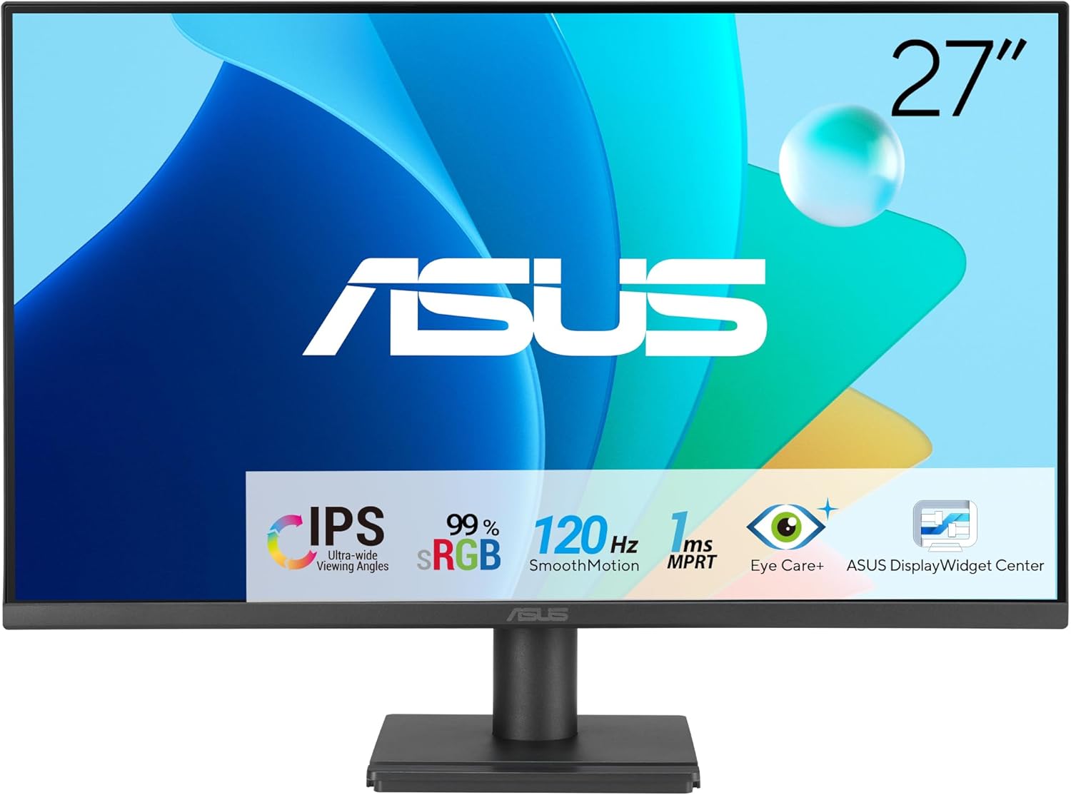 ASUS VA279HG Eye Care Gaming Monitor: 27-inch, IPS, Full HD, 99% sRGB, Frameless, 120Hz, Adaptive-Sync, 1ms MPRT, HDMI, VGA, Low Blue Light, Flicker Free, Wall Mountable - Black