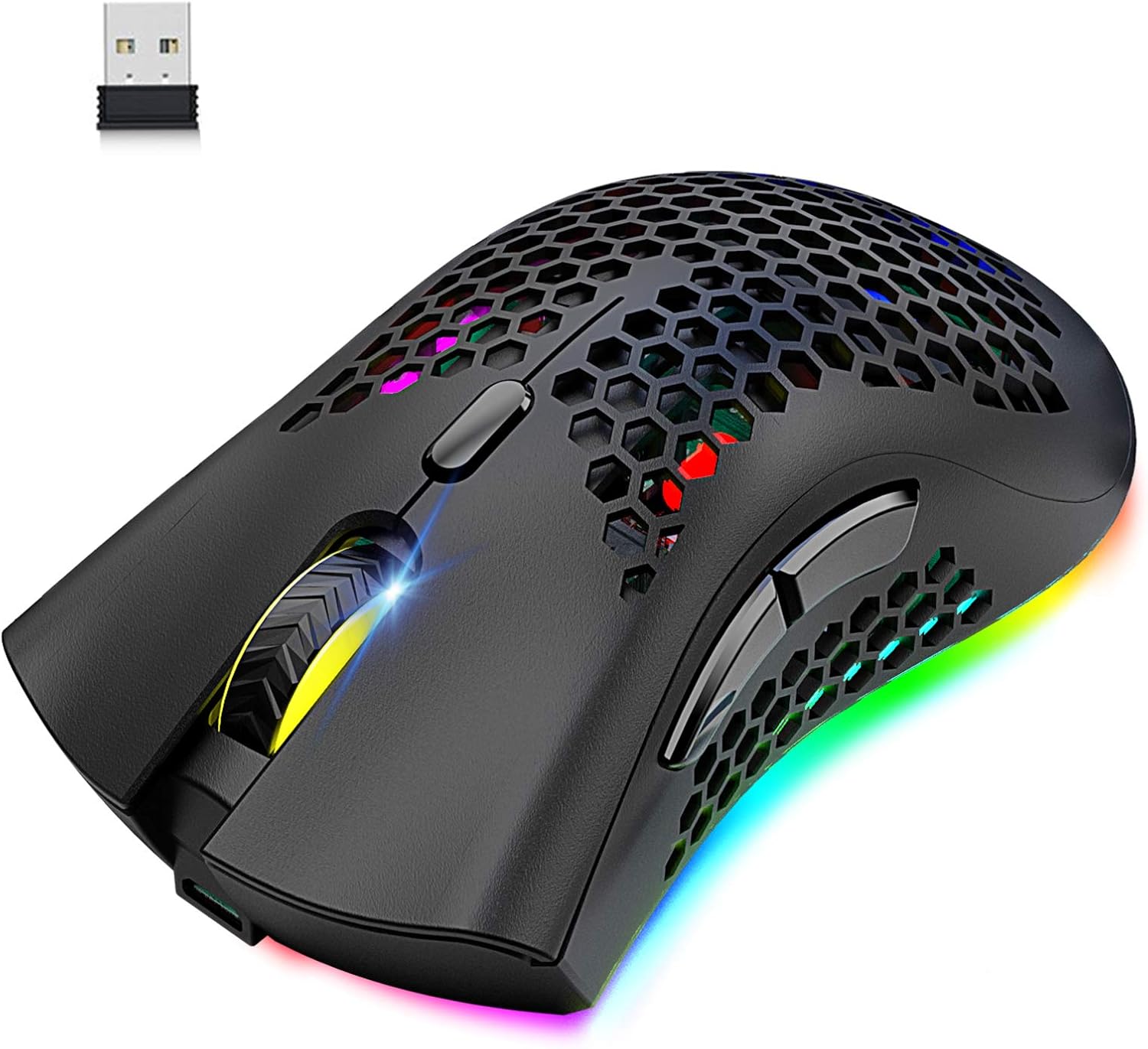 Wireless Lightweight Gaming Mouse Honeycomb with 7 Button Multi RGB Backlit Perforated Ergonomic Shell Optical Sensor Adjustable DPI Rechargeable 800 mAh Battery