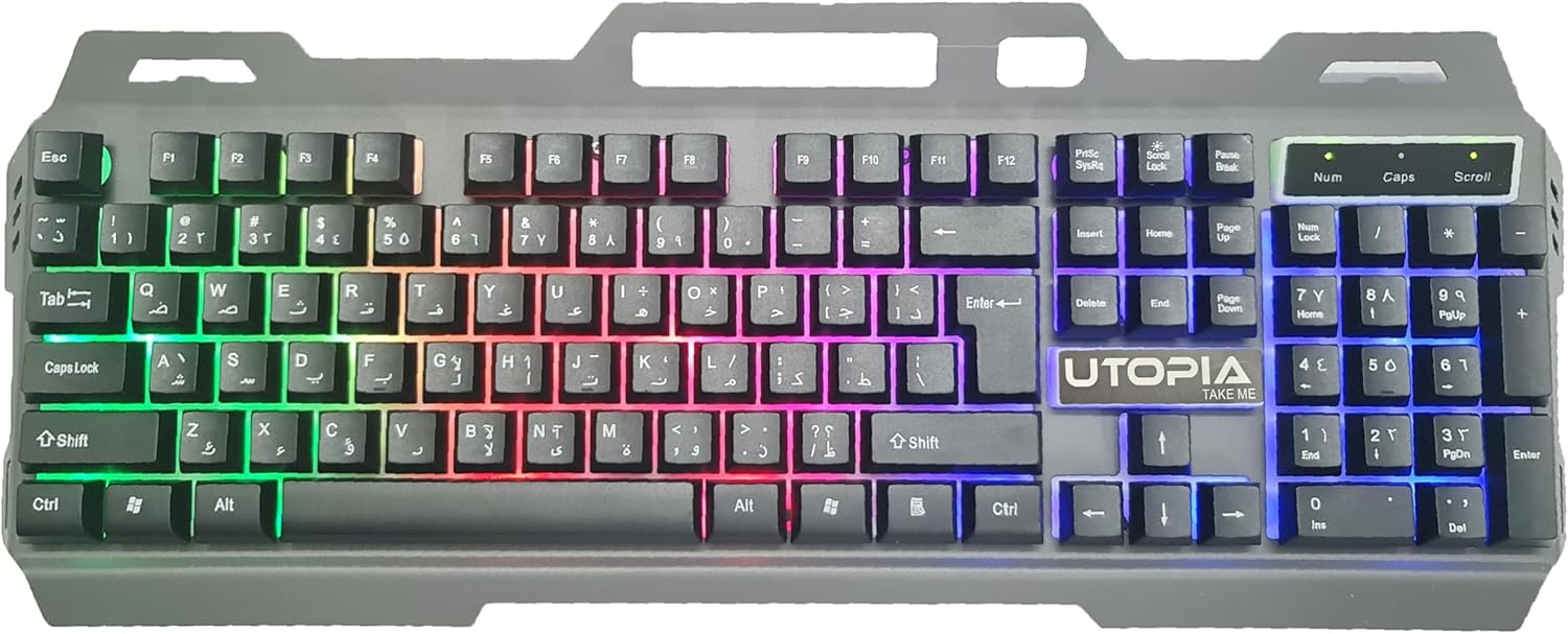 Utopia (K-102) Gaming Keyboard with Rainbow Color LED Lighting and Metal cover Plastic Gaming Surface - Easy and comfortable to use - Arabic & English 104 Keys - Black