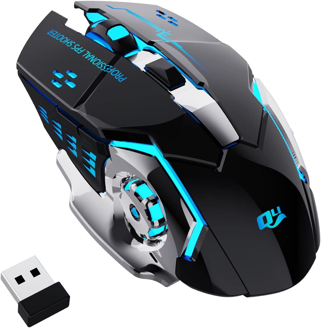 QV13 New 2.4G Wireless Rechargeable Gaming Mouse Silent Click with 6 Buttons, 3 Adjustable Levels DPI