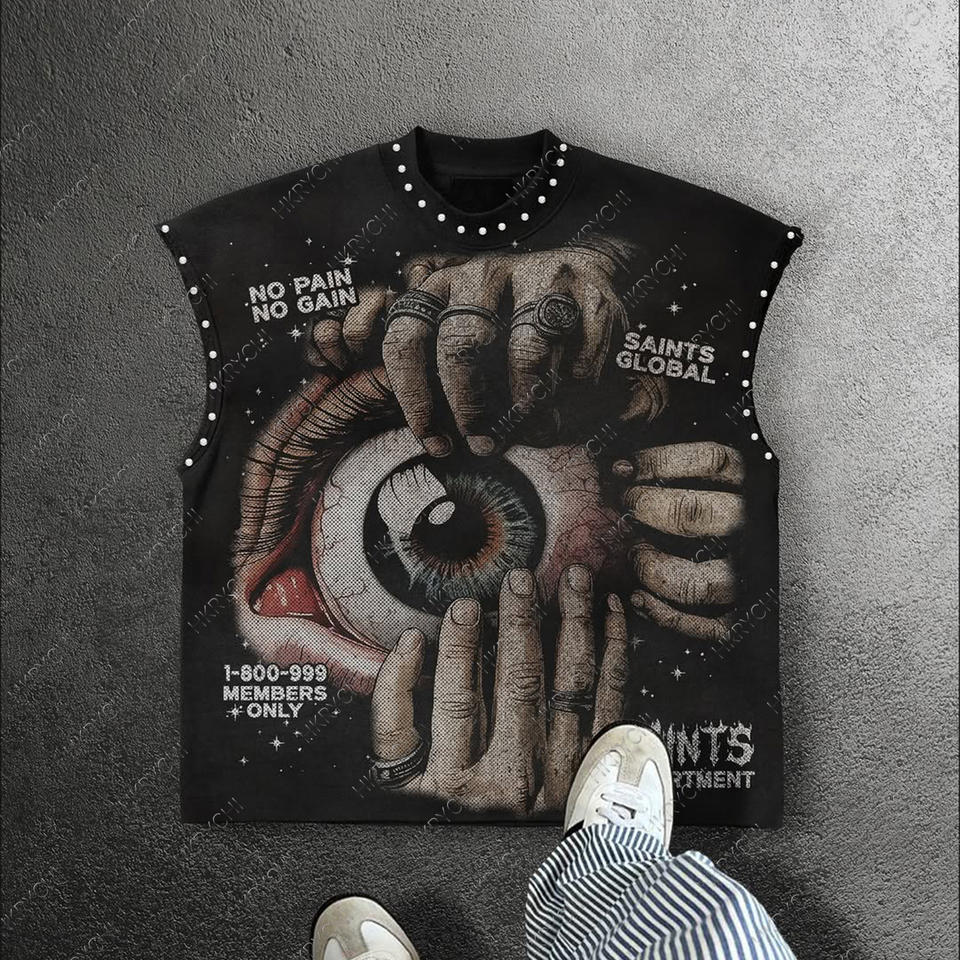 T-shirt sans manches streetwear – Imprimé artistique & clous métalliques