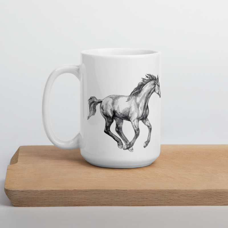 Graphite Illustration of Mustang Horse in Gallop on Glossy white Mug
