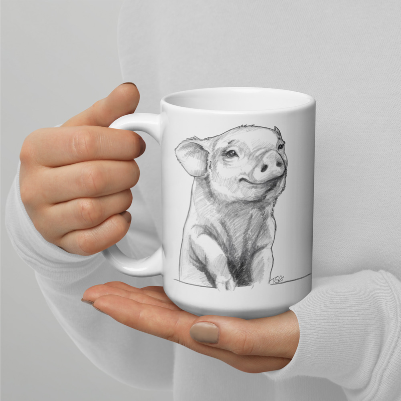 Cute Graphite Illustration of Piglet Giving a Smile on Glossy White Mug