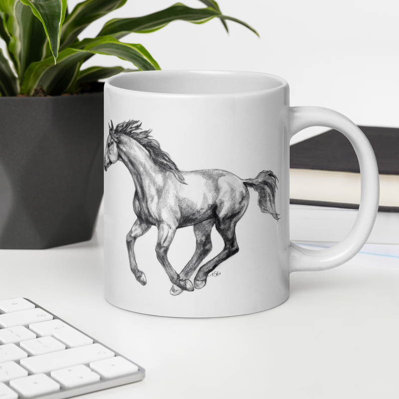 Graphite Illustration of Mustang Horse in Gallop on Glossy white Mug