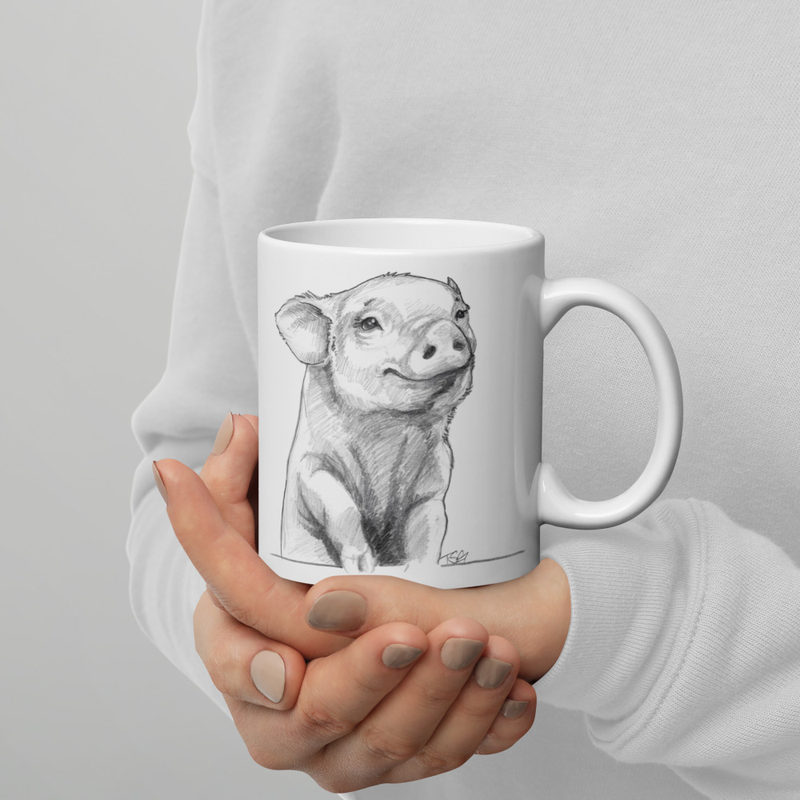 Cute Graphite Illustration of Piglet Giving a Smile on Glossy White Mug