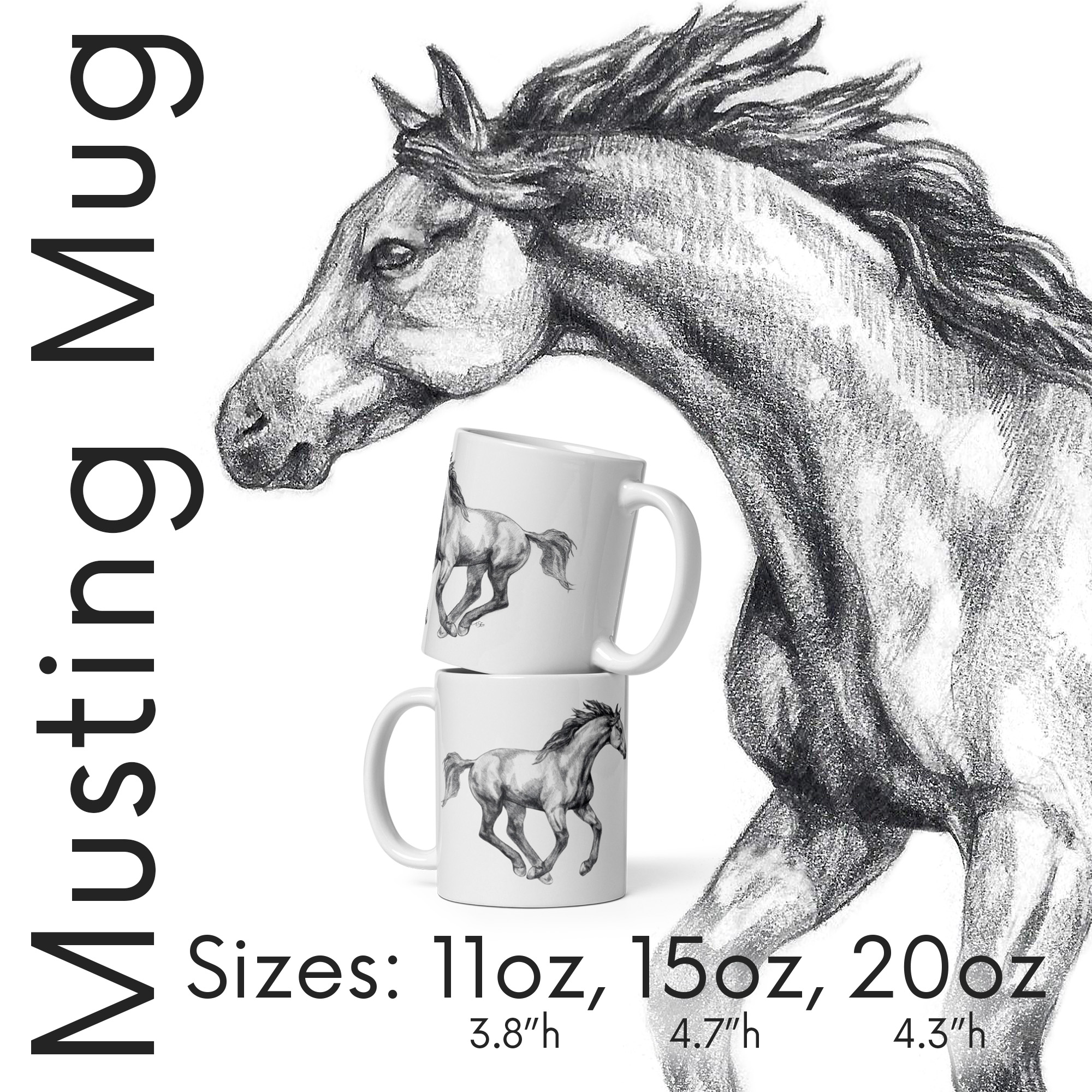 Graphite Illustration of Mustang Horse in Gallop on Glossy white Mug