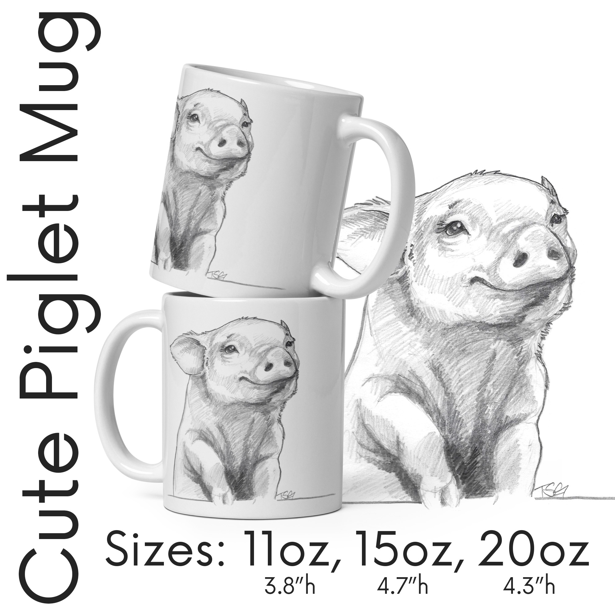 Cute Graphite Illustration of Piglet Giving a Smile on Glossy White Mug