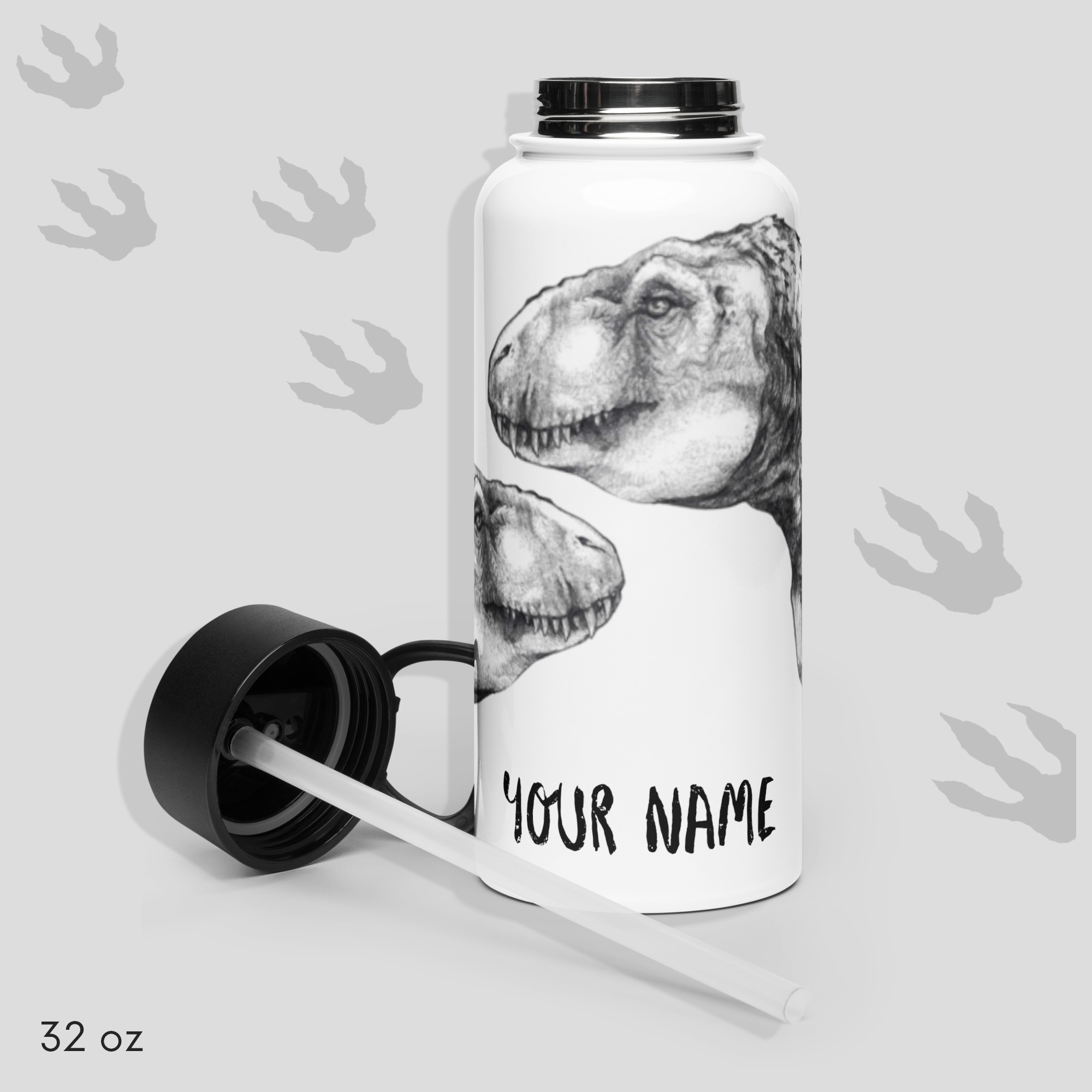 Customizable Tyrannosaurus Rex Stainless Steel Water Bottle with a Straw Lid