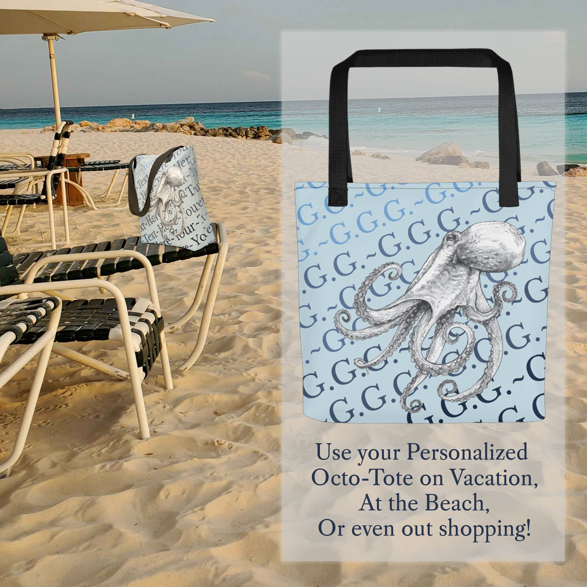 Personalized Octopus Canvas Tote, Graphite Art on Blue Background