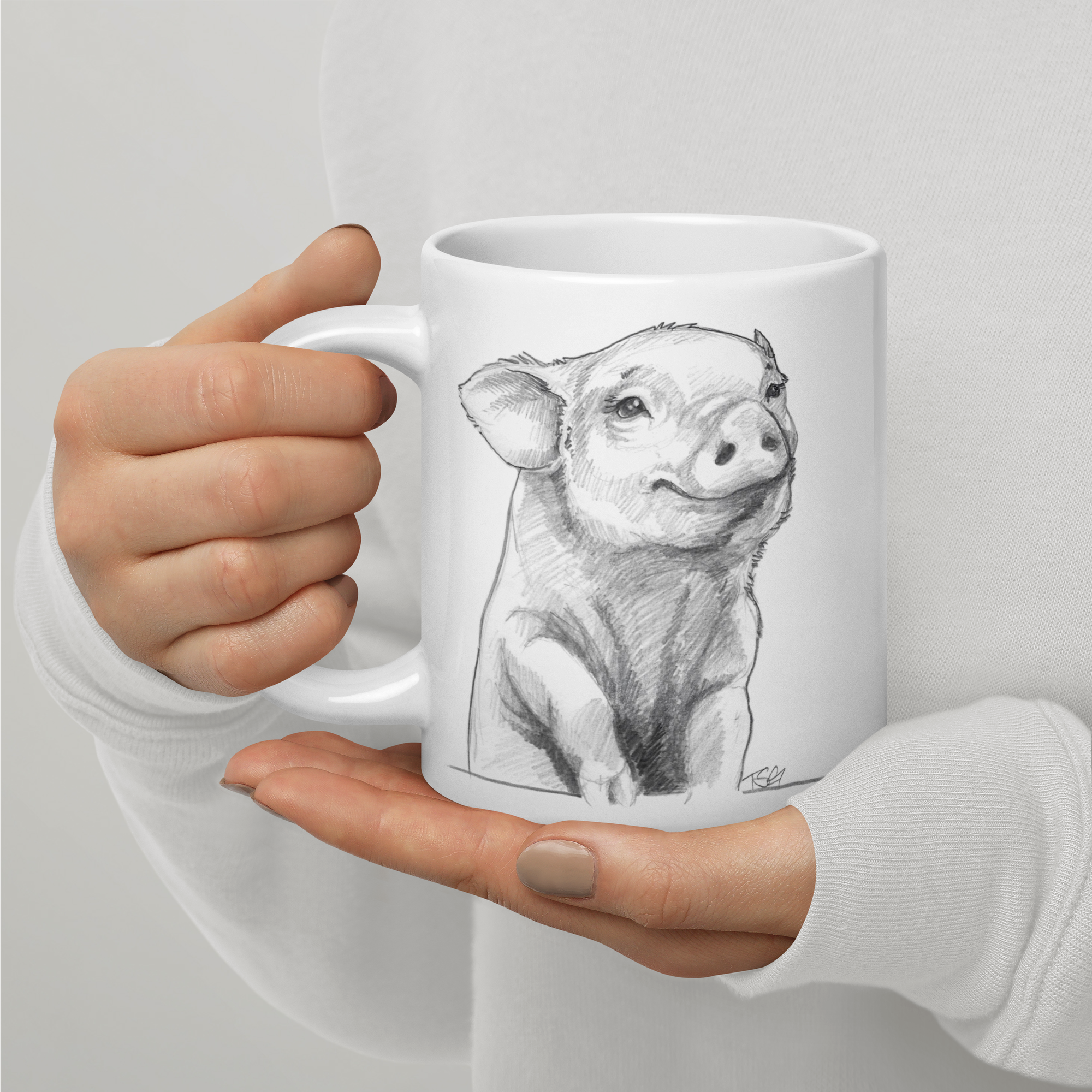 Cute Graphite Illustration of Piglet Giving a Smile on Glossy White Mug