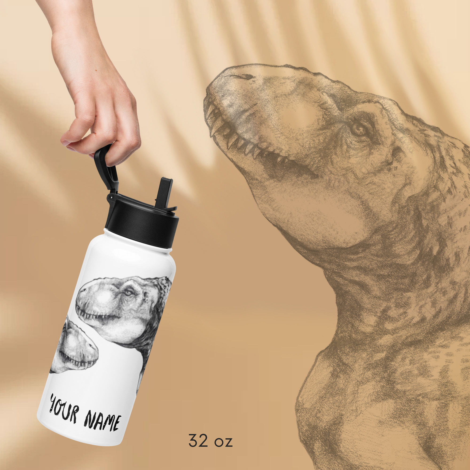 Customizable Tyrannosaurus Rex Stainless Steel Water Bottle with a Straw Lid