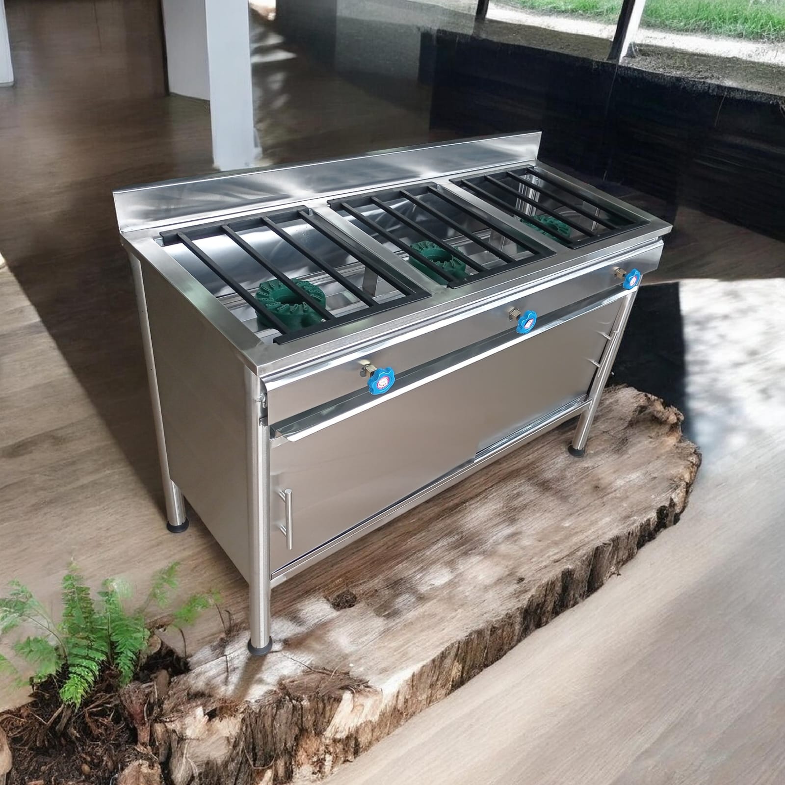 Cocina industrial de 3 quemadores de (hierro fundido) mueble - acero inoxidable