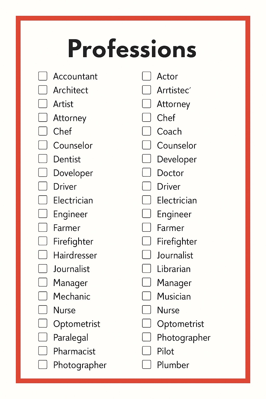 Professions Checklist Poster