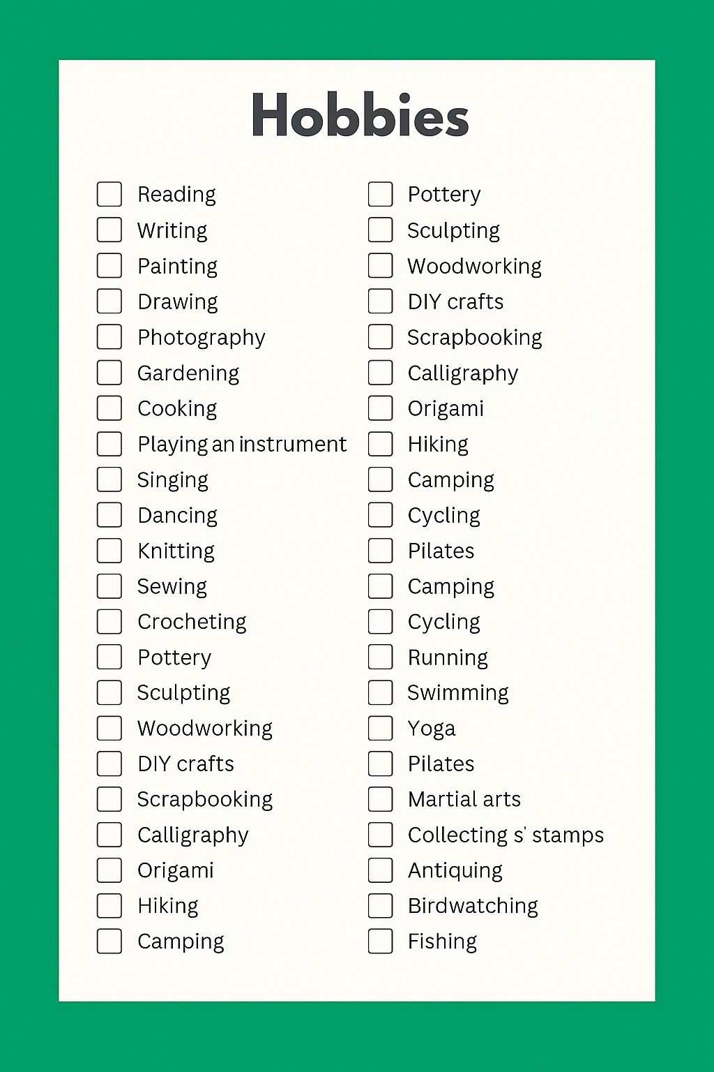 Hobbies Checklist Poster