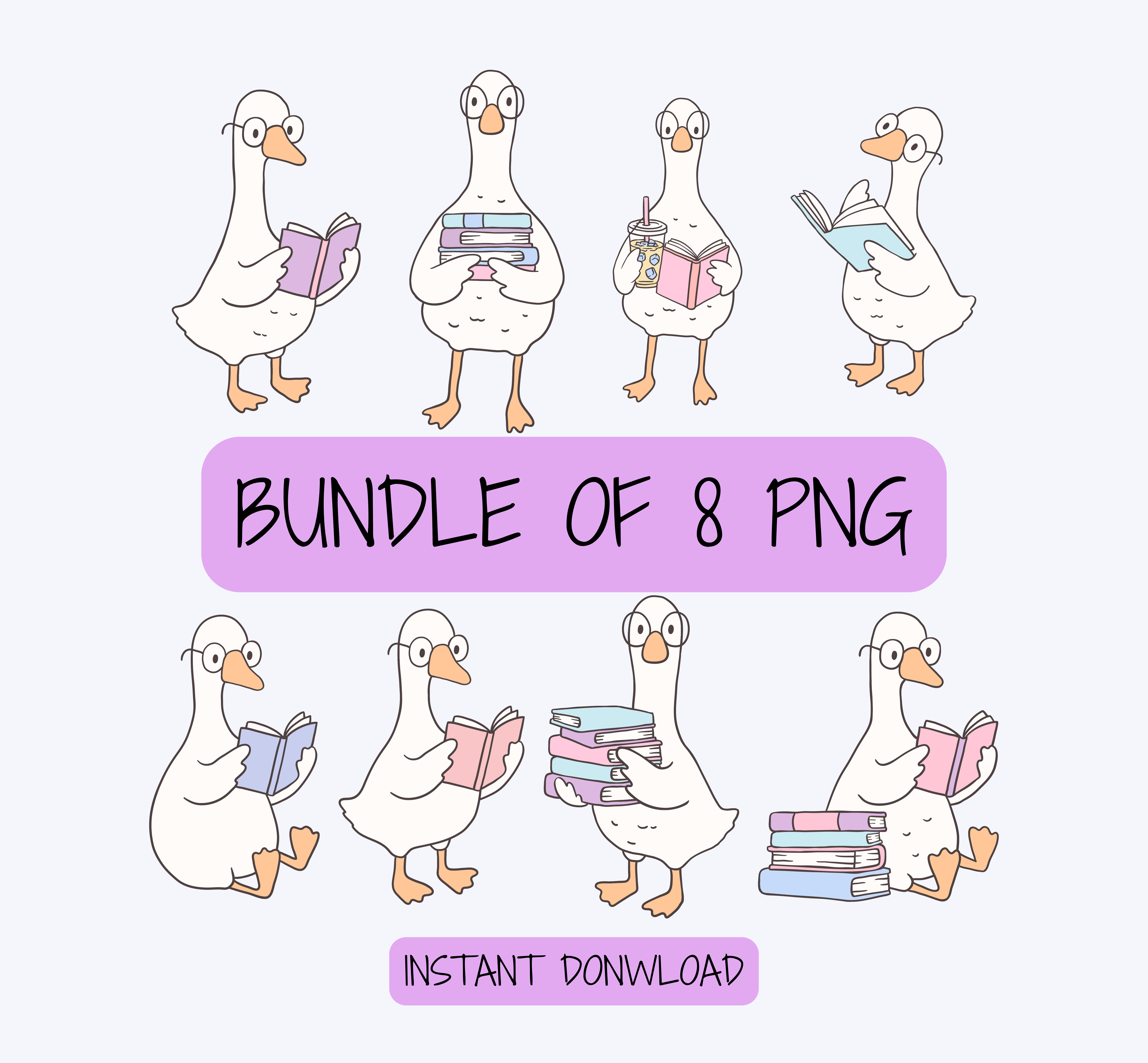 Goose Reading Clipart PNG Bundle