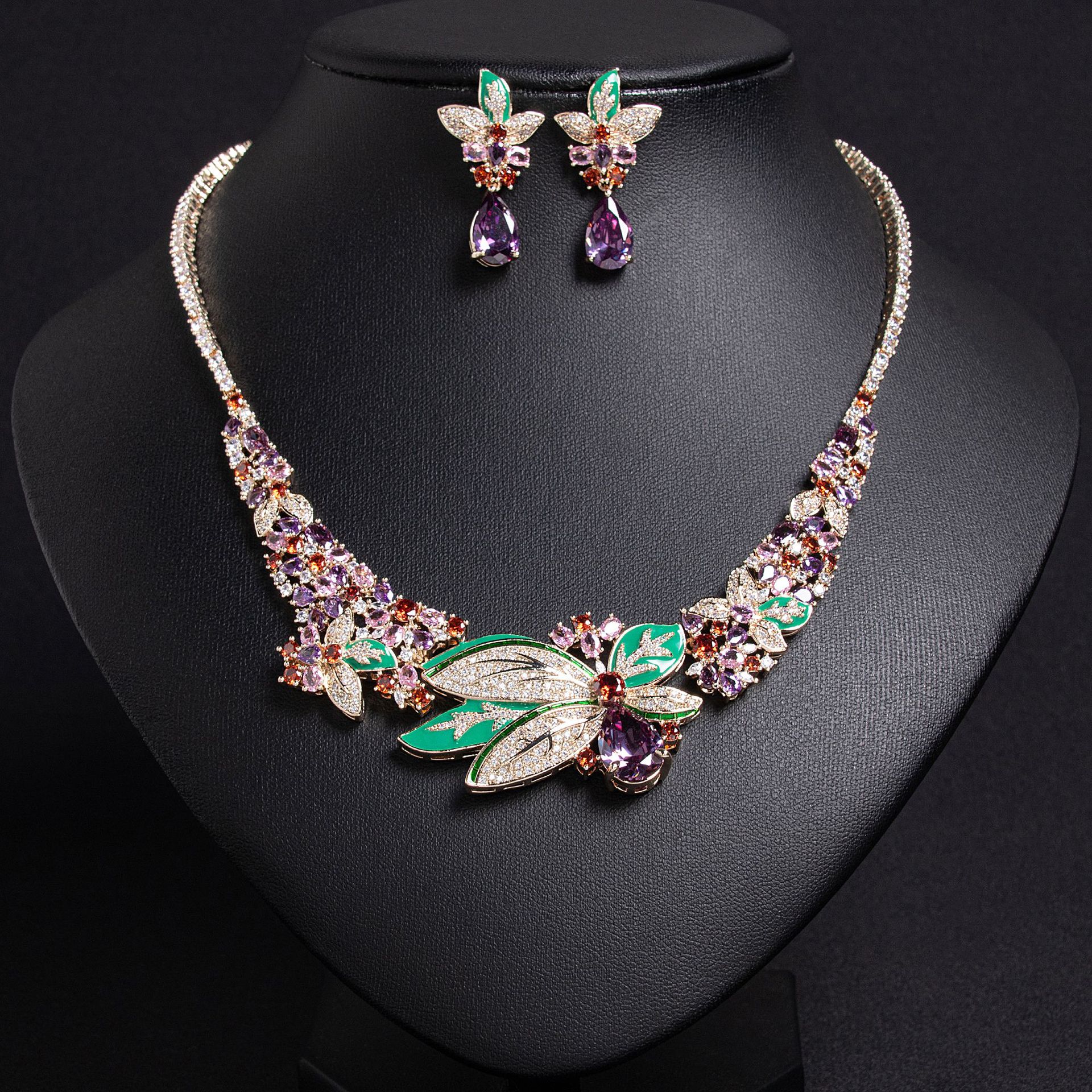 New Creative Enamel Floral Style Zirconia Necklace and Earring Set