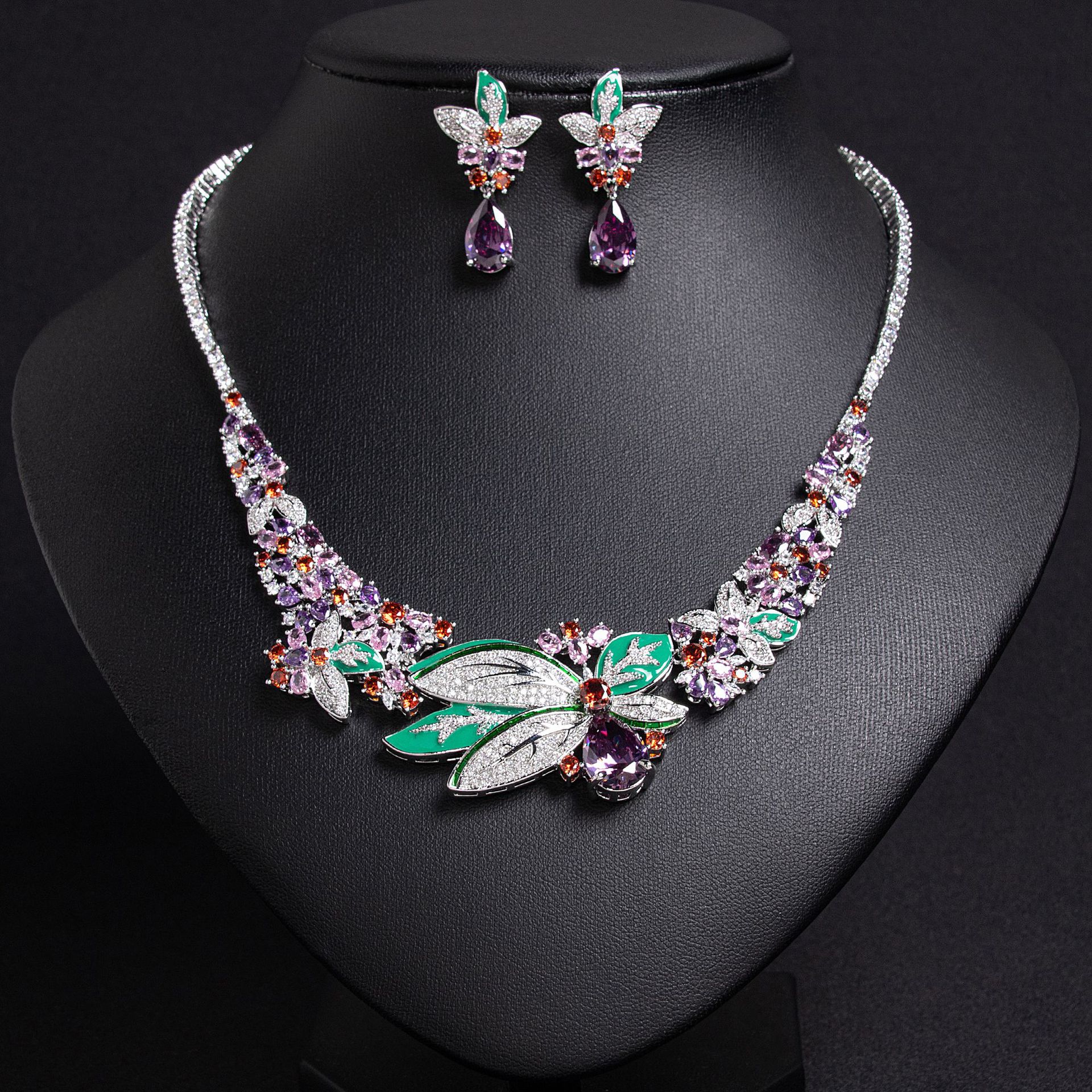 New Creative Enamel Floral Style Zirconia Necklace and Earring Set