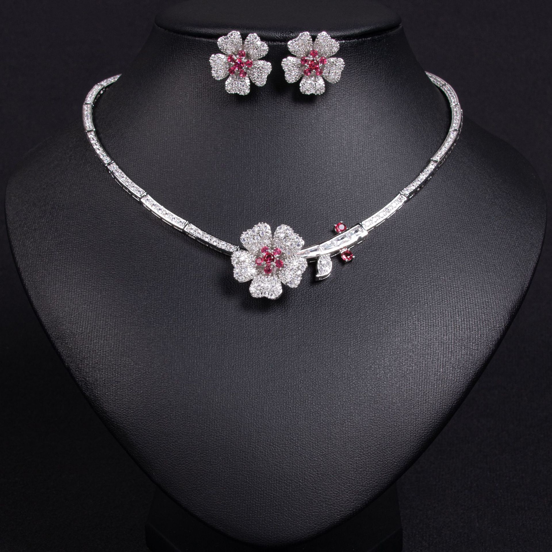 New Creative Floral Style Zirconia Necklace and Earring Set